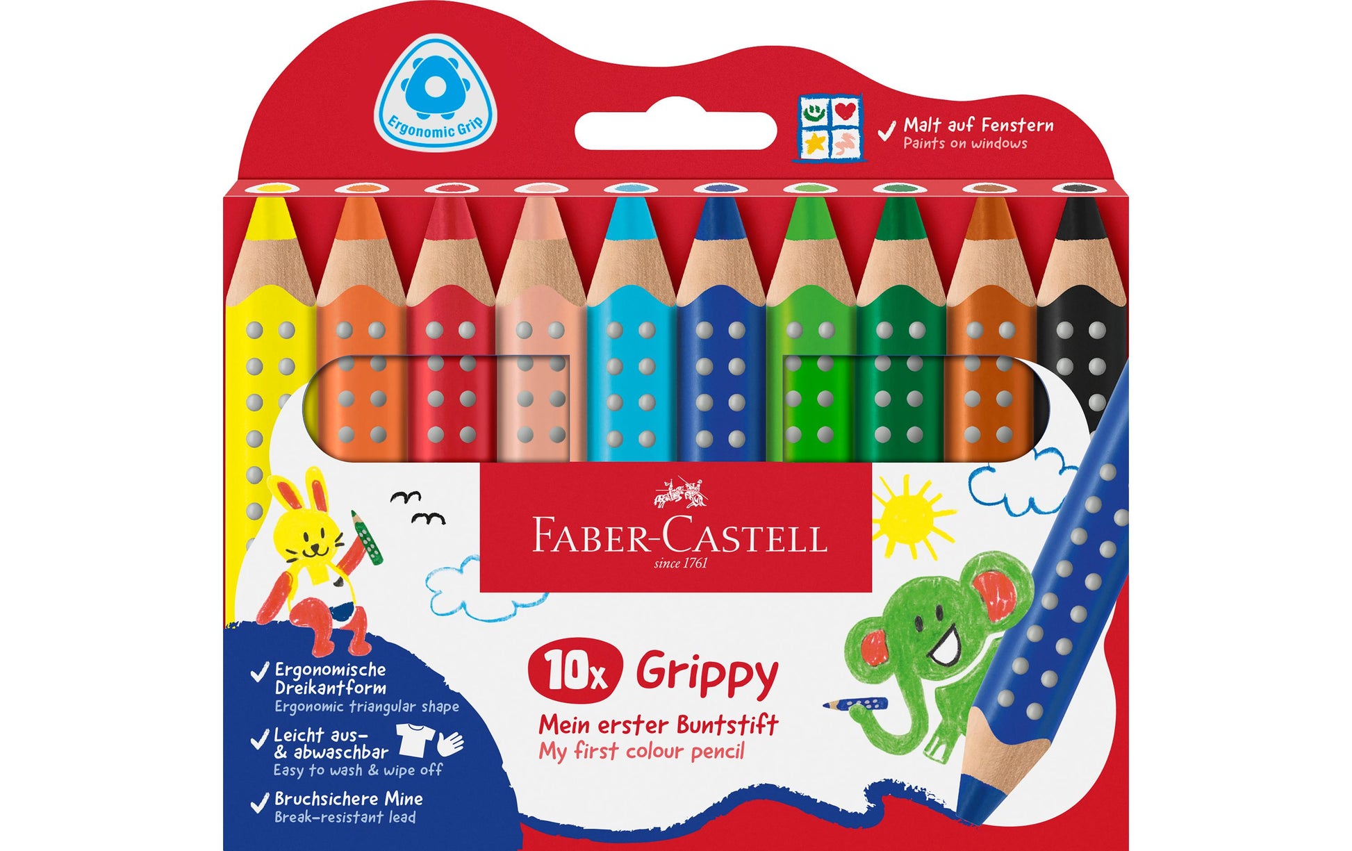 Faber-Castell 3-in-1 Farbstifte Grippy – 10 Farben, im Kartonetui, Ø 3 mm, dreikantig