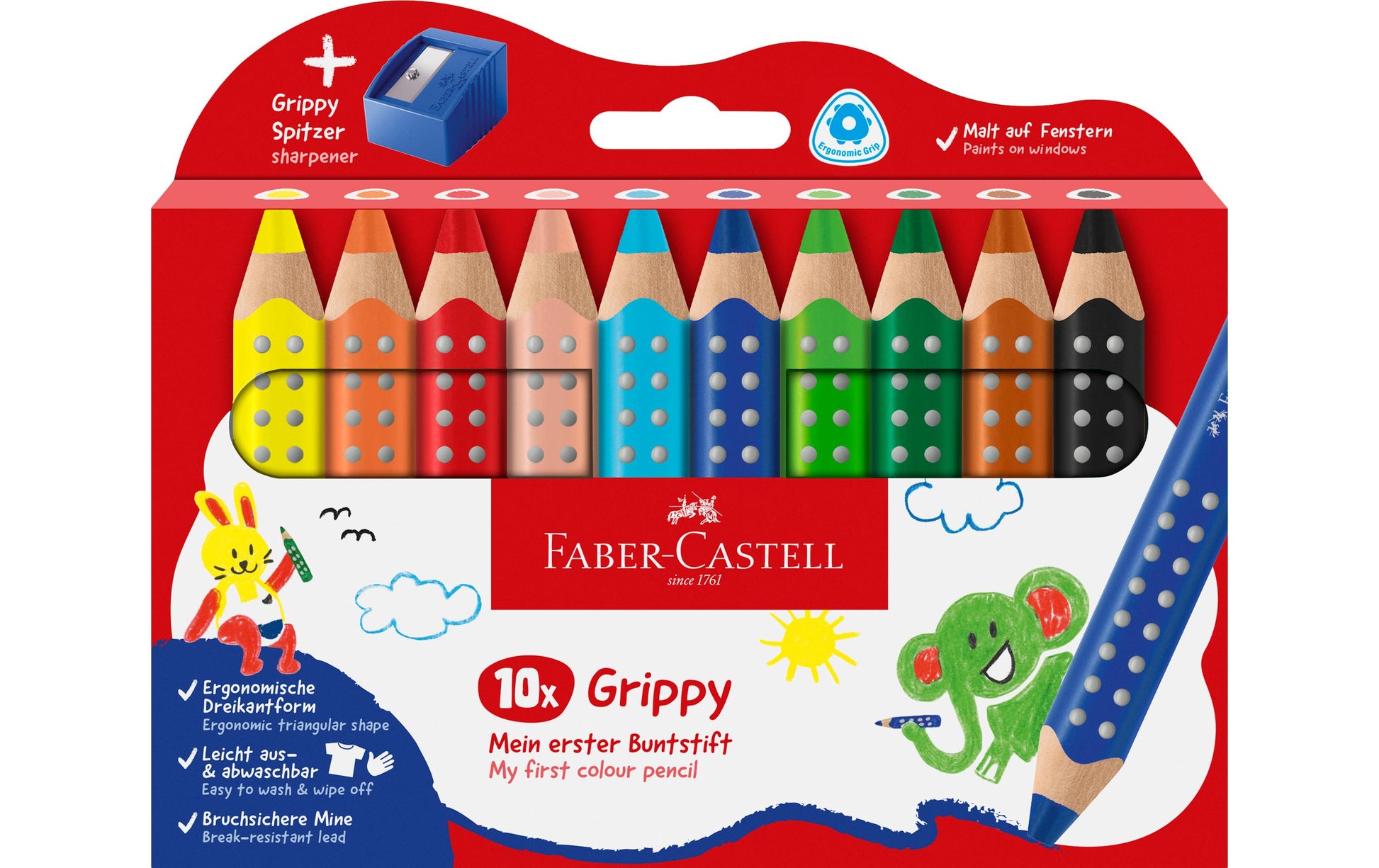 Faber-Castell 3-in-1 Farbstifte Grippy – 10 Farben, im Kartonetui, mit Spitzer, Ø 3 mm, dreikantig