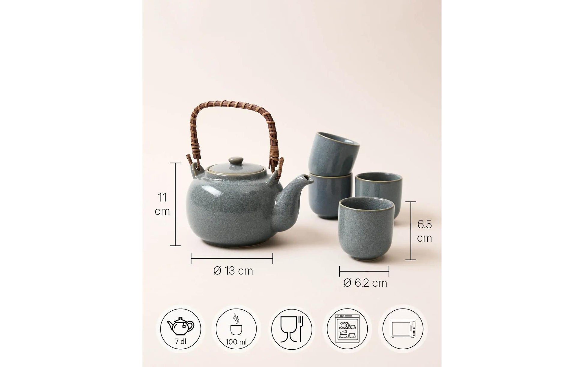 Esmée Teekannenset – 5-teiliges Set, 700 ml, Ø 13,0 cm, H 11,0 cm, Steingut, Blaugrau