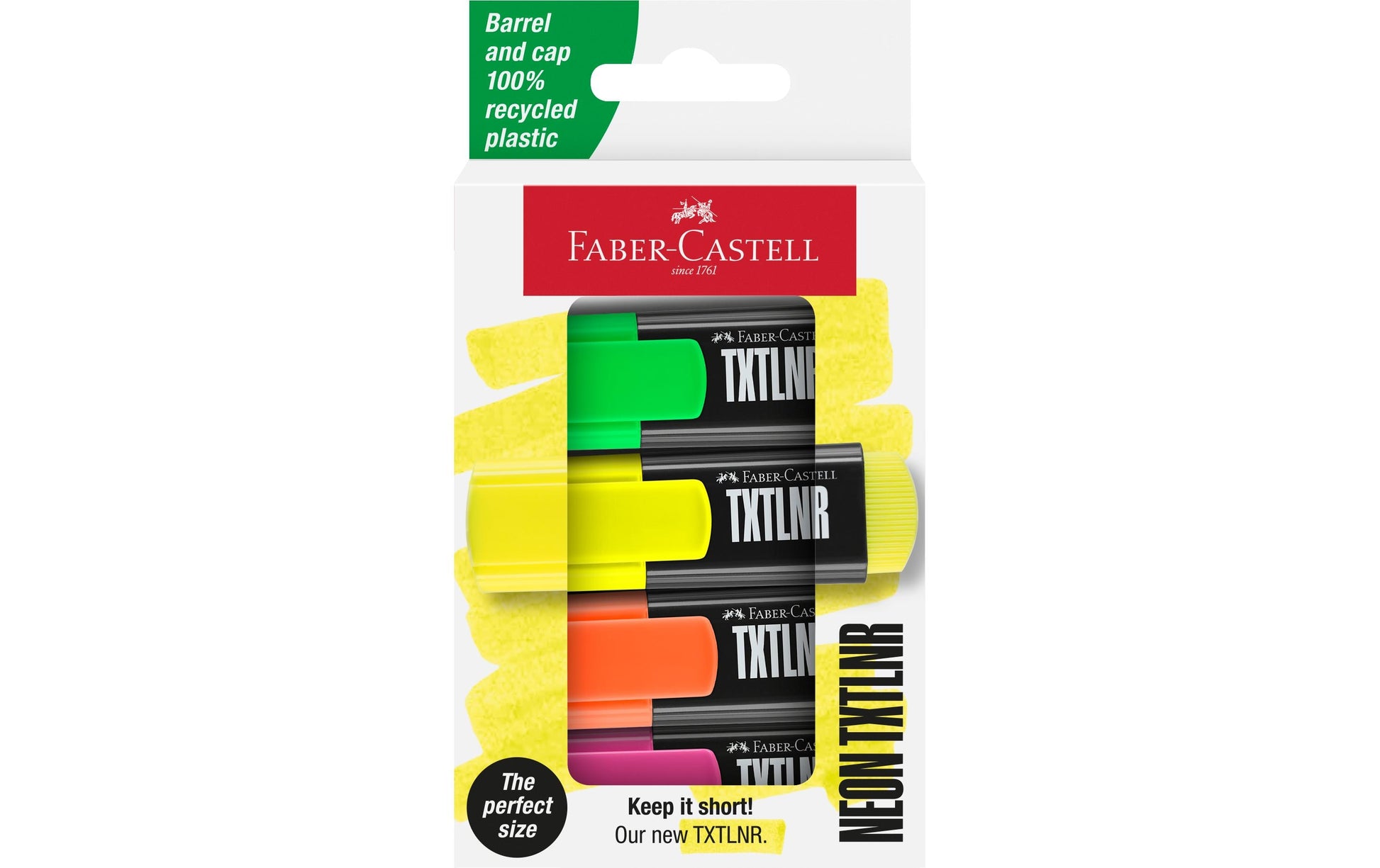 Faber-Castell Textmarker – 4er Set, Farben: Grün/Orange/Pink …, Keilspitze 1–5 mm, nachfüllbar