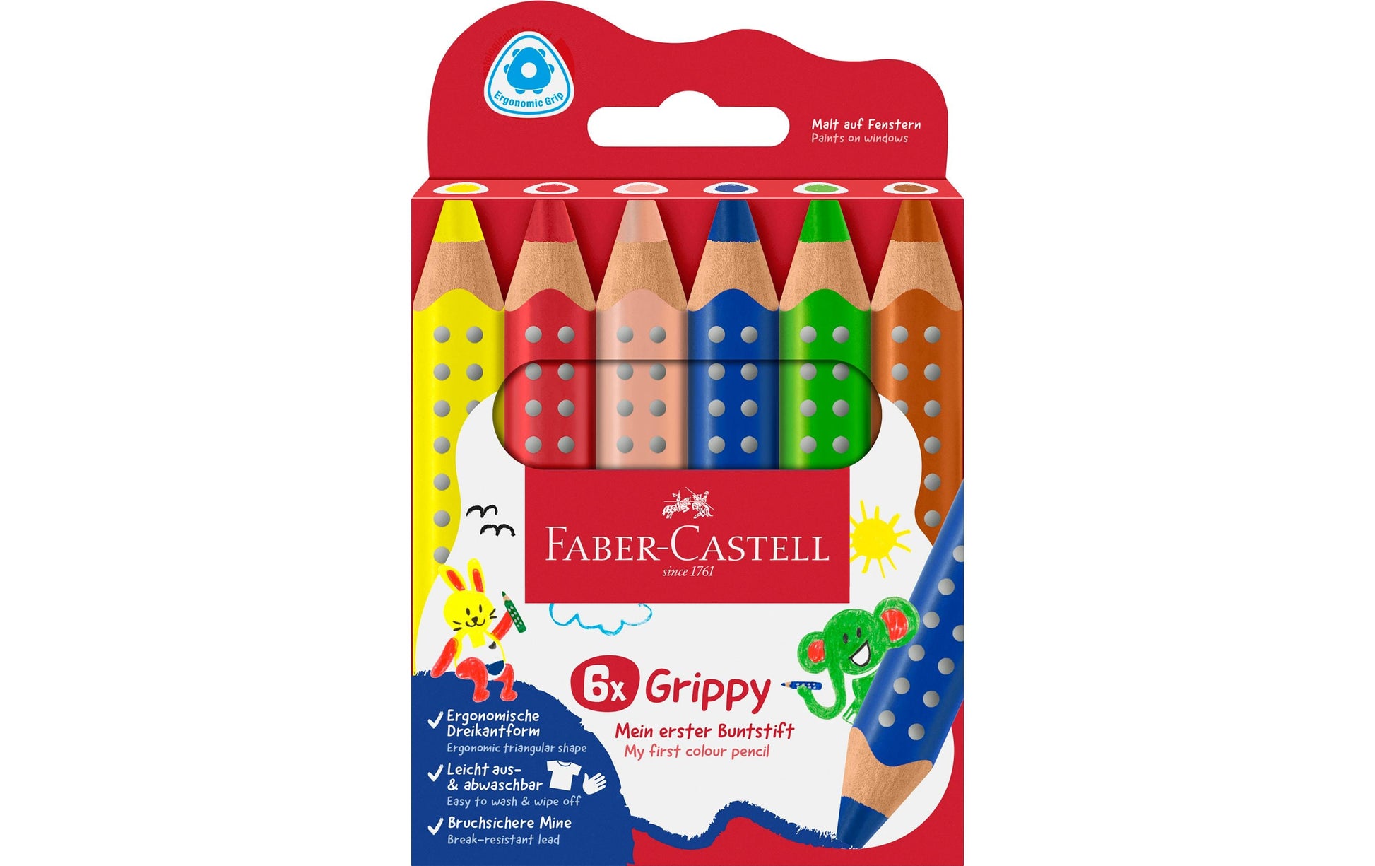 Faber-Castell 3-in-1 Farbstifte Grippy – 6 Farben, im Kartonetui, Ø 3 mm, dreikantig