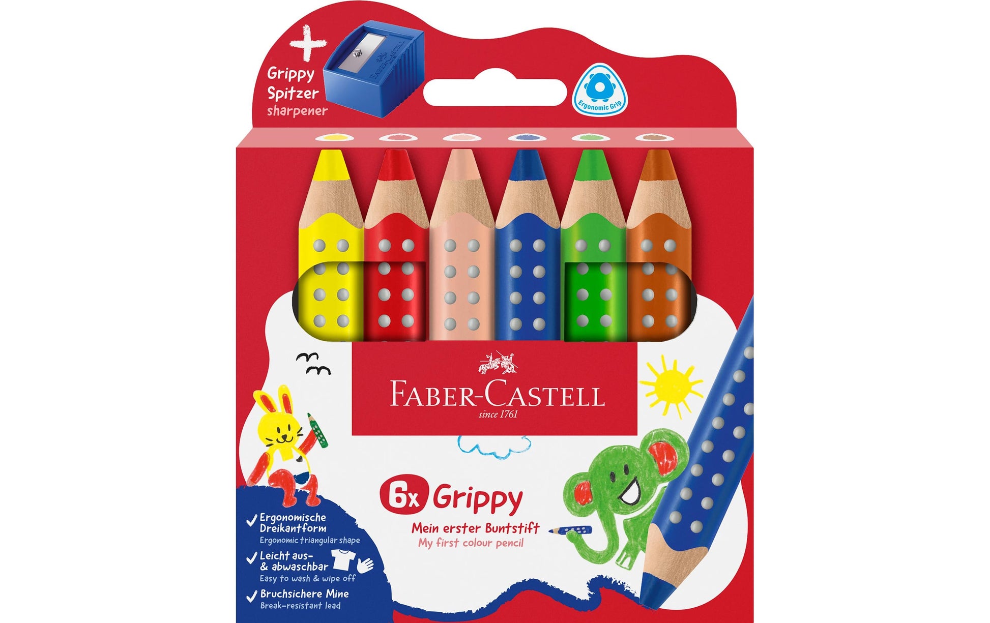 Faber-Castell 3-in-1 Farbstifte Grippy – 6 Farben, im Kartonetui, mit Spitzer, Ø 3 mm, dreikantig