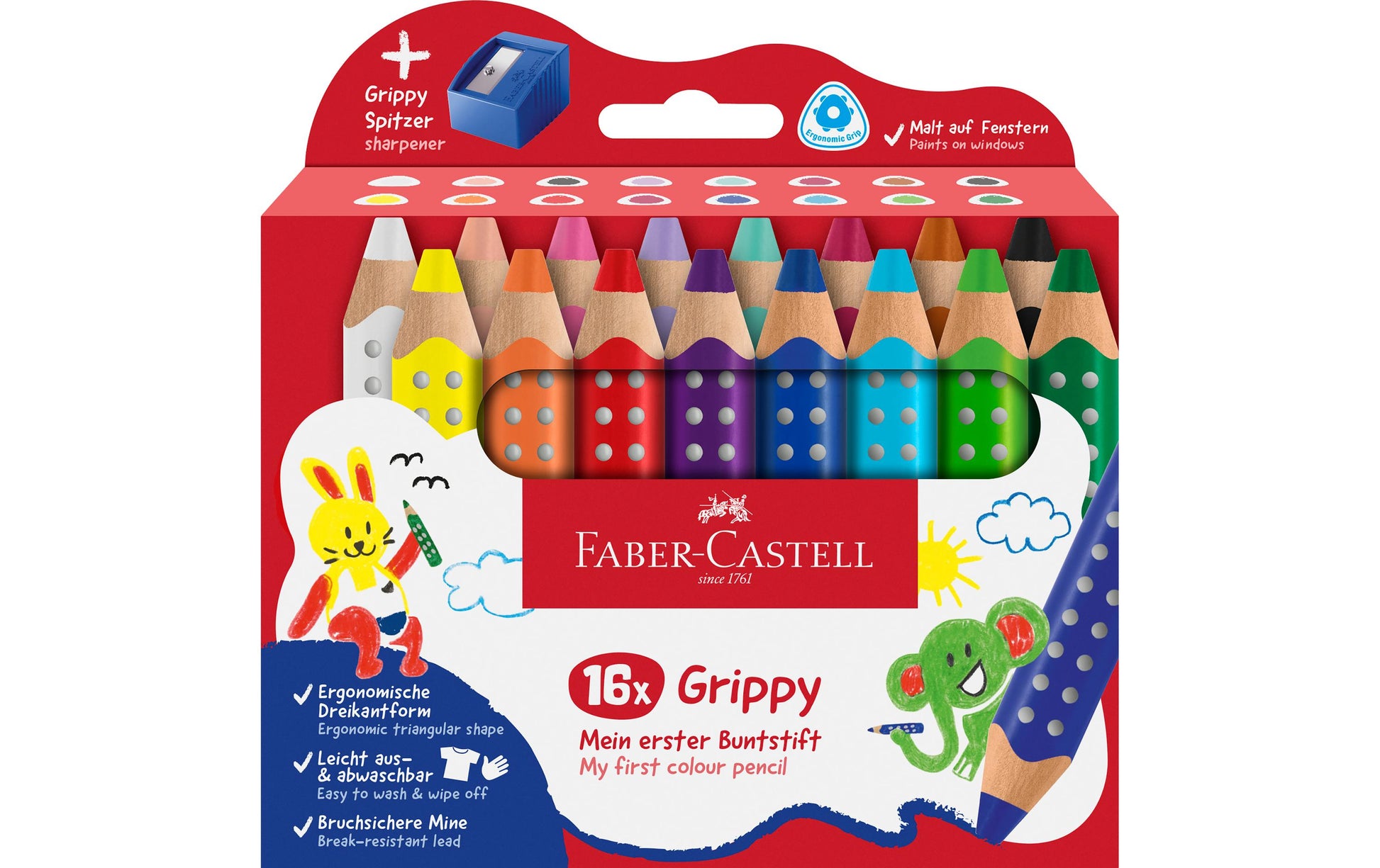 Faber-Castell 3-in-1 Farbstifte Grippy – 16 Farben, im Kartonetui, mit Spitzer, Ø 3 mm, dreikantig