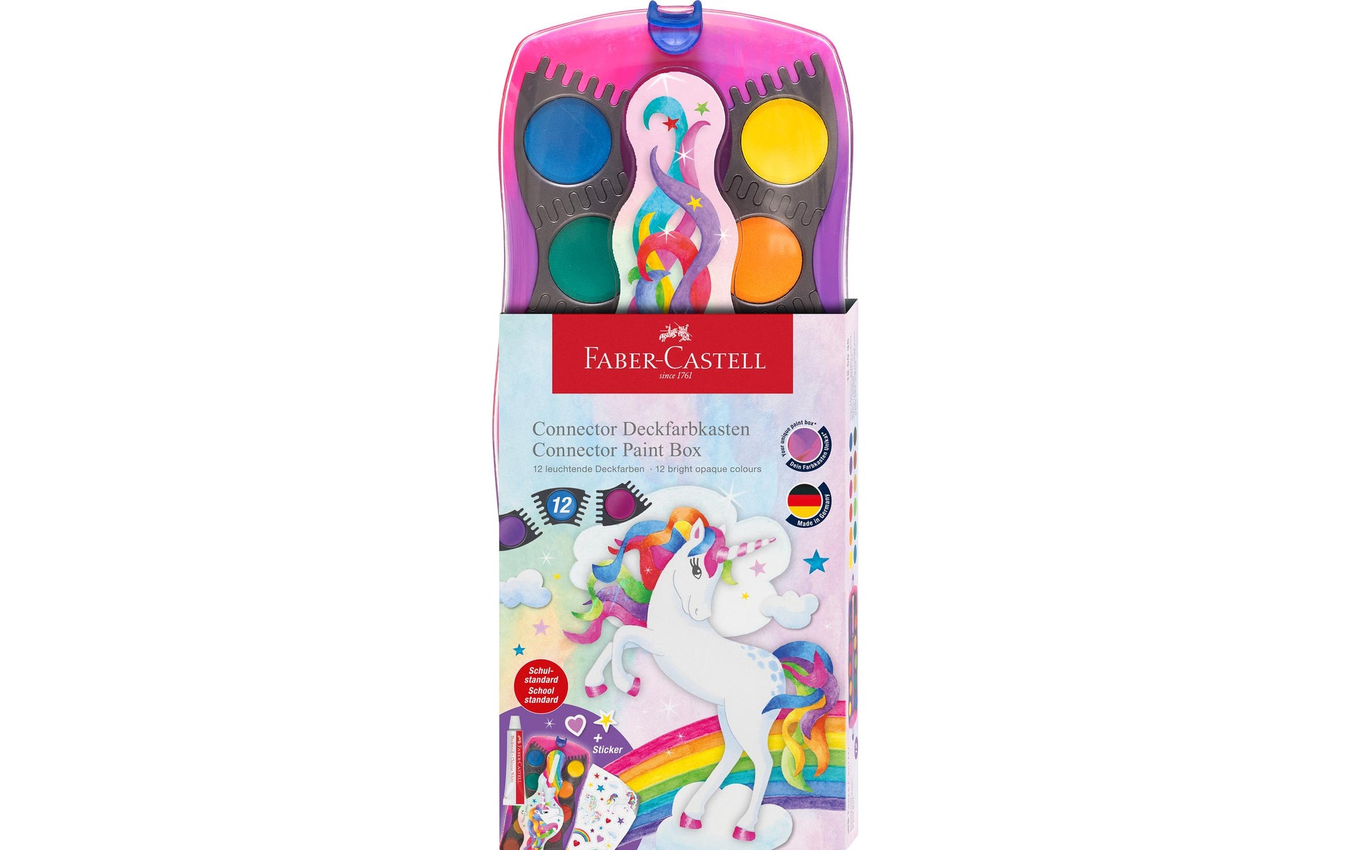Faber-Castell CONNECTOR Einhorn Deckfarbkasten – 12 Farben – mit Deckweiss