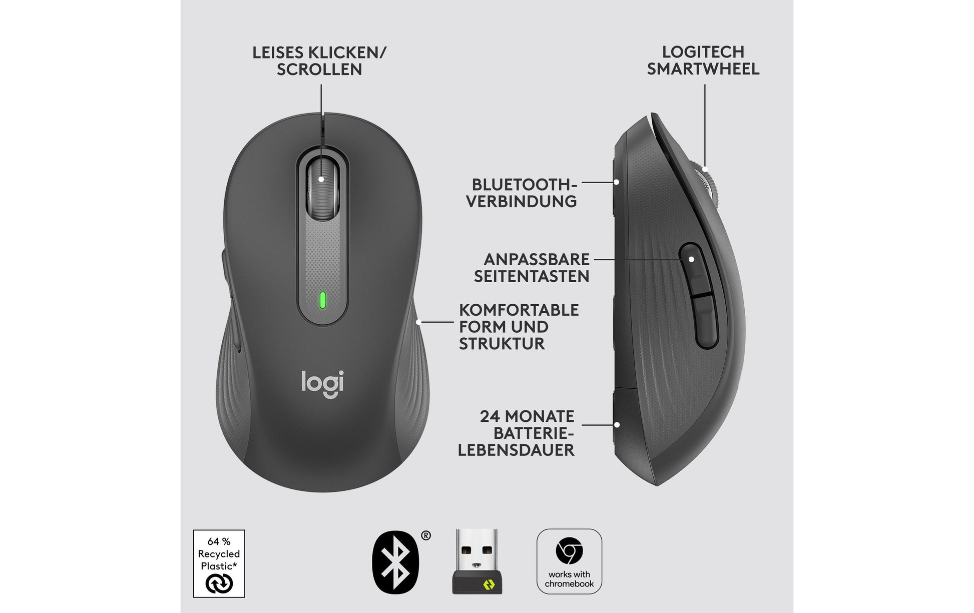 Logitech M650 Maus – Kabellos, für Rechtshänder, für mittelgrosse Handflächen, Graphit