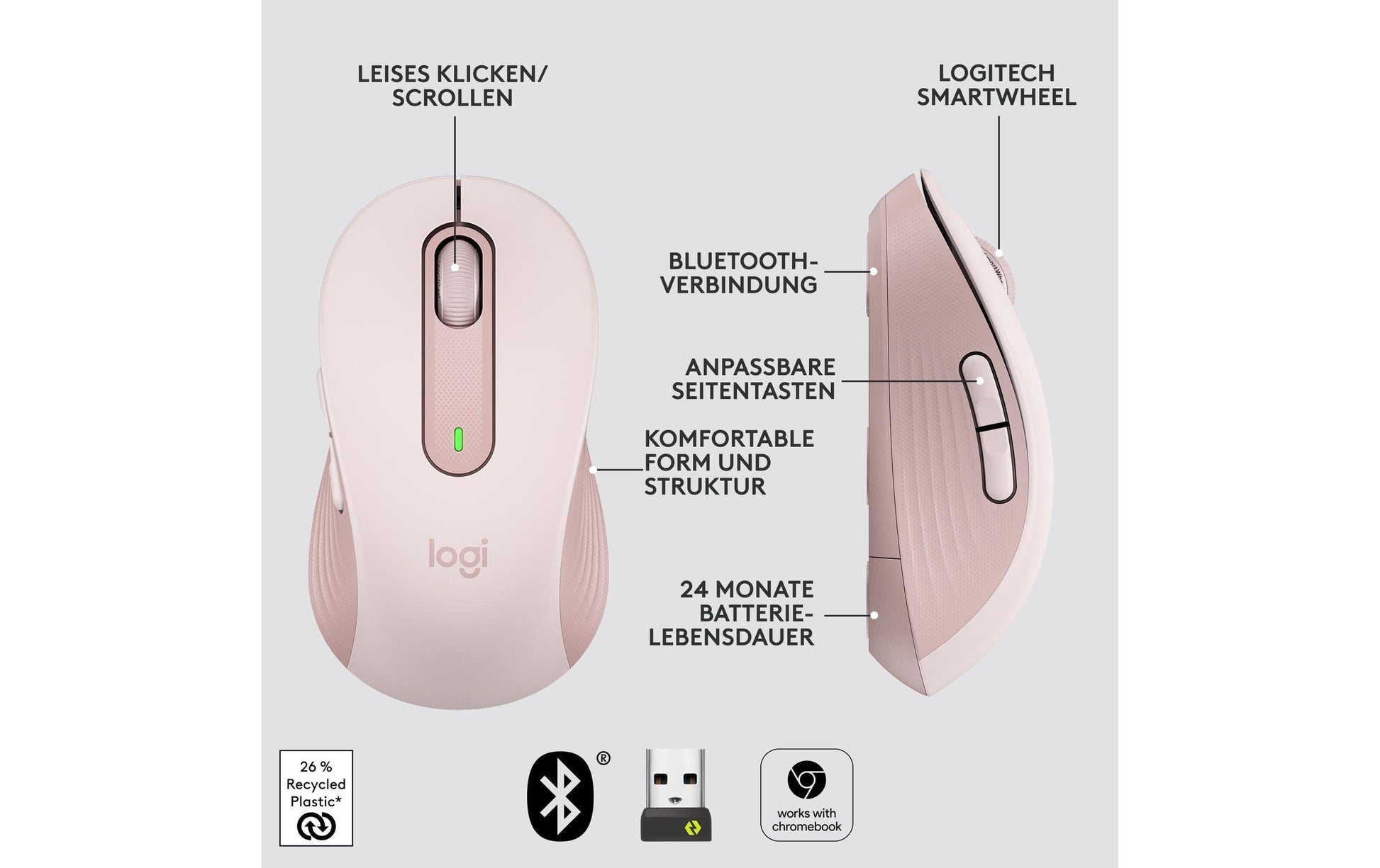 Logitech M650 Maus – kabellos, für Rechtshänder, Handflächengrösse M, Rosa