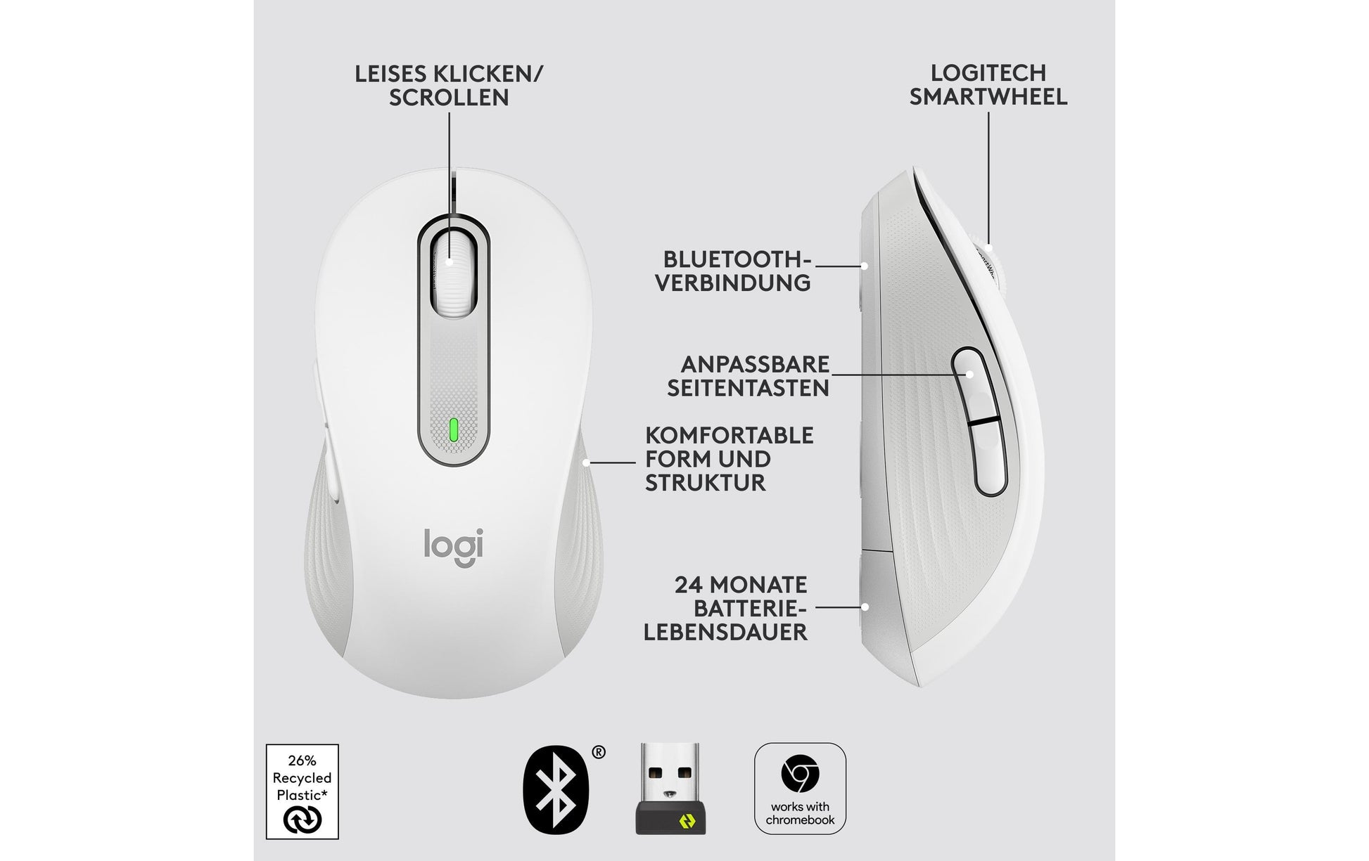 Logitech M650 Maus – kabellos, für Rechtshänder, Handflächengrösse M, weiss