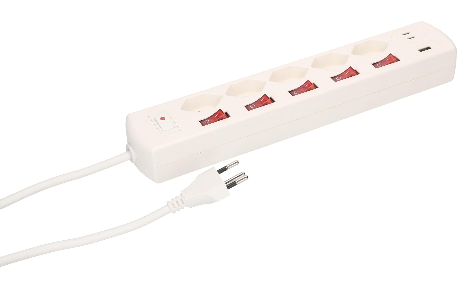 Max Hauri AG Max Hauri Steckdosenleiste, 5×T13, 1×USB‑A 18 W + 1×USB‑C PD 20 W, mit Schalter, 1,5 m, Eingang T12 – weiss