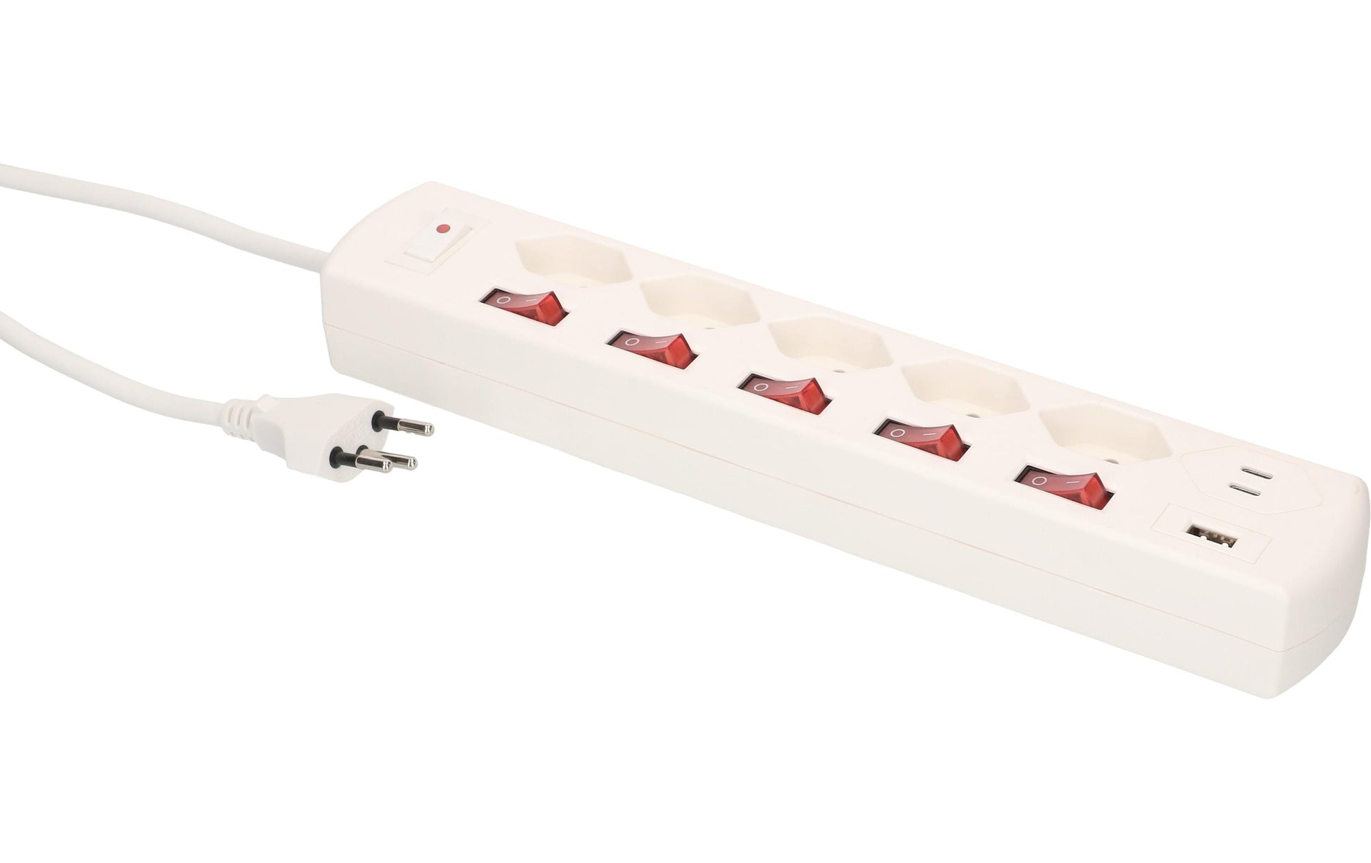 Max Hauri AG Max Hauri Steckdosenleiste, 5×T13, 1×USB‑A 18 W + 1×USB‑C PD 20 W, mit Schalter, 1,5 m, Eingang T12 – weiss