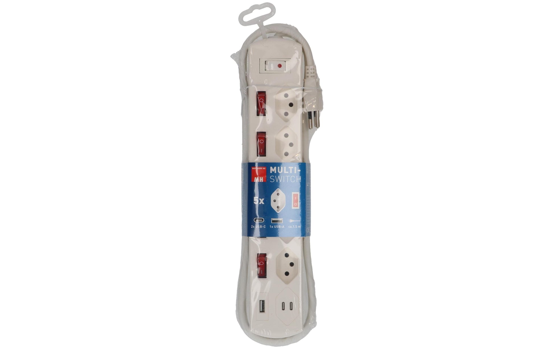 Max Hauri AG Max Hauri Steckdosenleiste, 5×T13, 1×USB‑A 18 W + 1×USB‑C PD 20 W, mit Schalter, 1,5 m, Eingang T12 – weiss