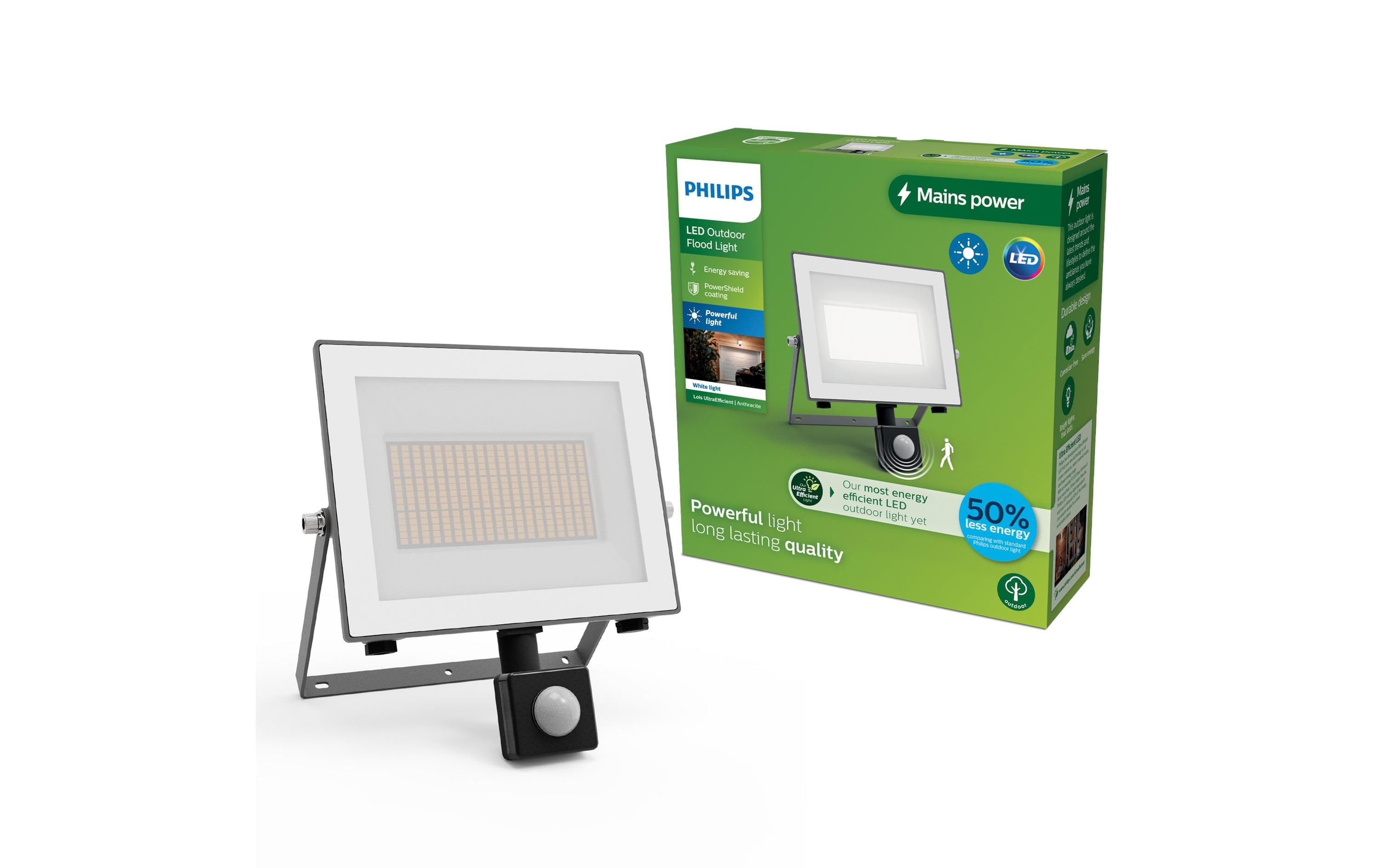 Philips Arbeitsstrahler – Warmweiss, 3000 K – IP65 – Netzbetrieb – mit Bewegungsmelder – Anthrazit, Aluminium