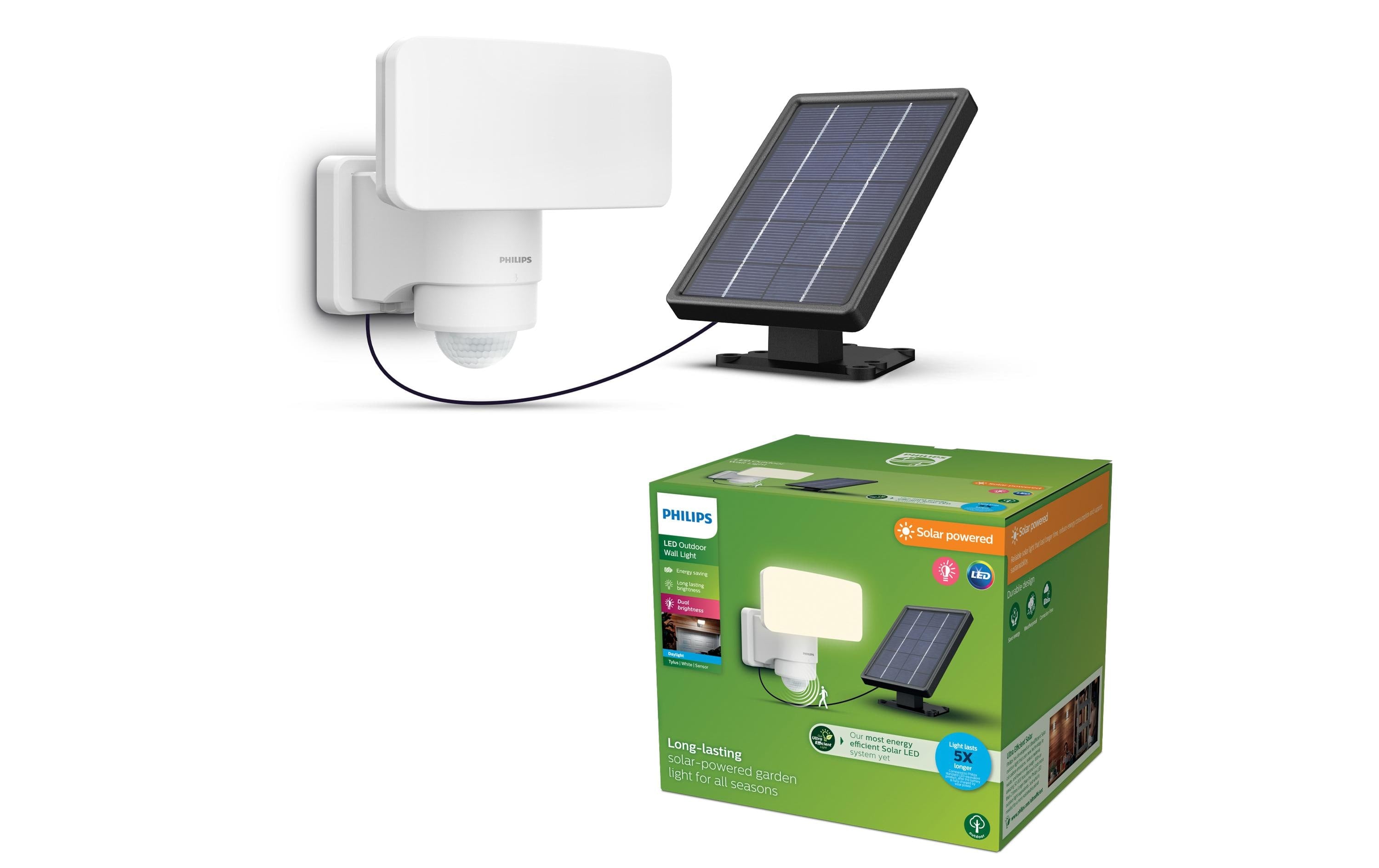 Philips Aussenwandleuchte – Kaltweiss, 5'000 K, IP44, Solarbetrieb, Dämmerungssensor, Weiss, Kunststoff