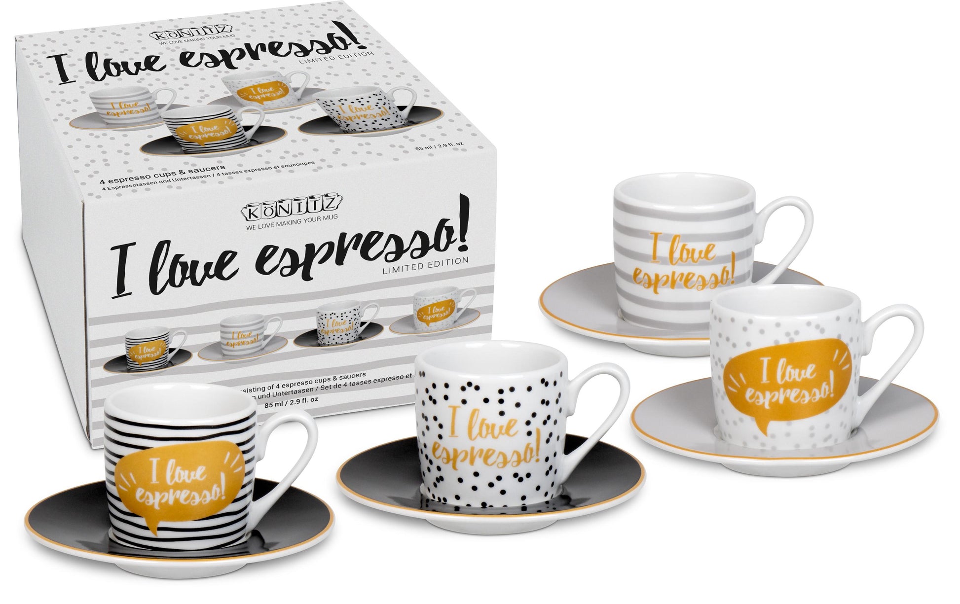 Könitz Porzellan Könitz Espressotasse Love – 4er Set, 85 ml, Porzellan, Weiss, spülmaschinenfest, mikrowellengeeignet