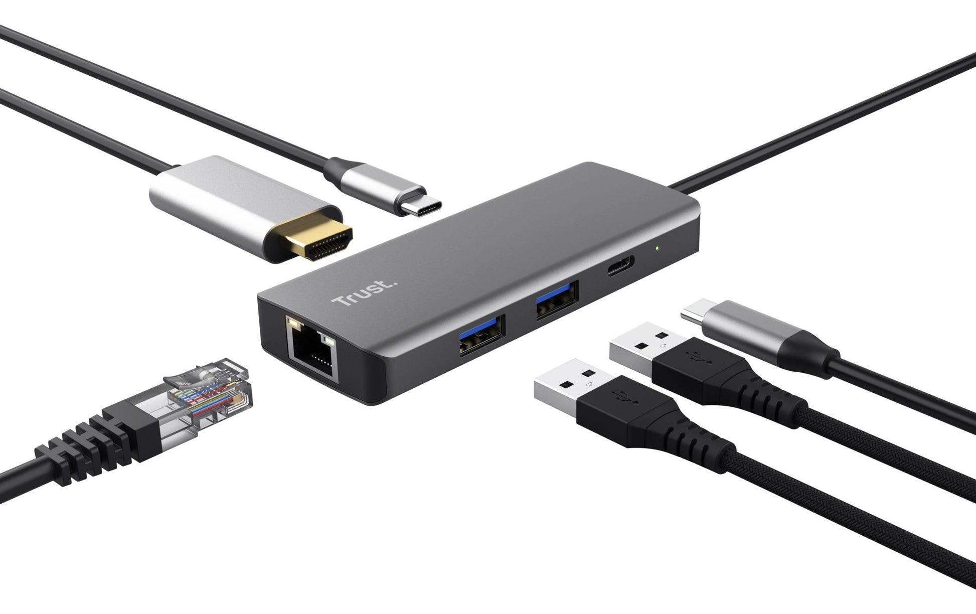Trust Dalyx Multiport-Adapter – USB-C, 1× HDMI, 2× USB-A, GbE, für Windows/Mac/ChromeOS