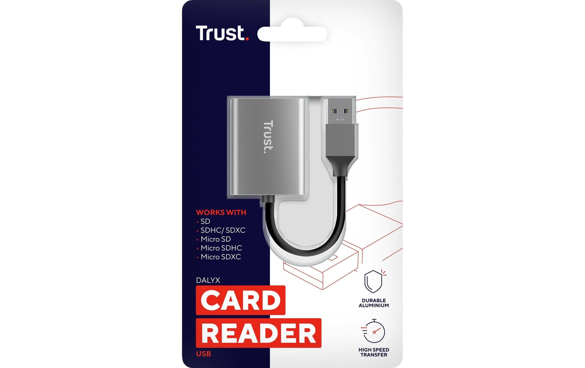 Trust Kartenleser – SD/microSD (SDHC/SDXC), 140 Mbit/s, USB-A, 0,08 m, USB 3.2 Gen 1 (5 Gbit/s) – Aluminium