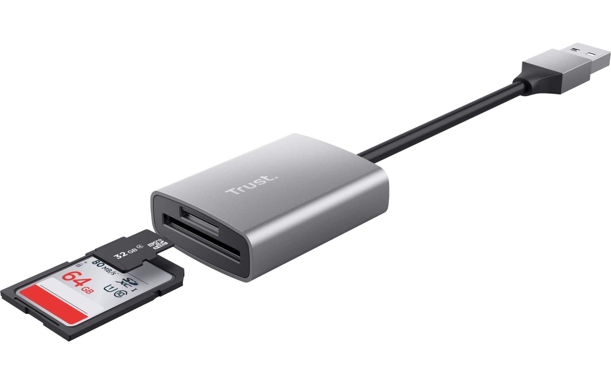 Trust Kartenleser – SD/microSD (SDHC/SDXC), 140 Mbit/s, USB-A, 0,08 m, USB 3.2 Gen 1 (5 Gbit/s) – Aluminium