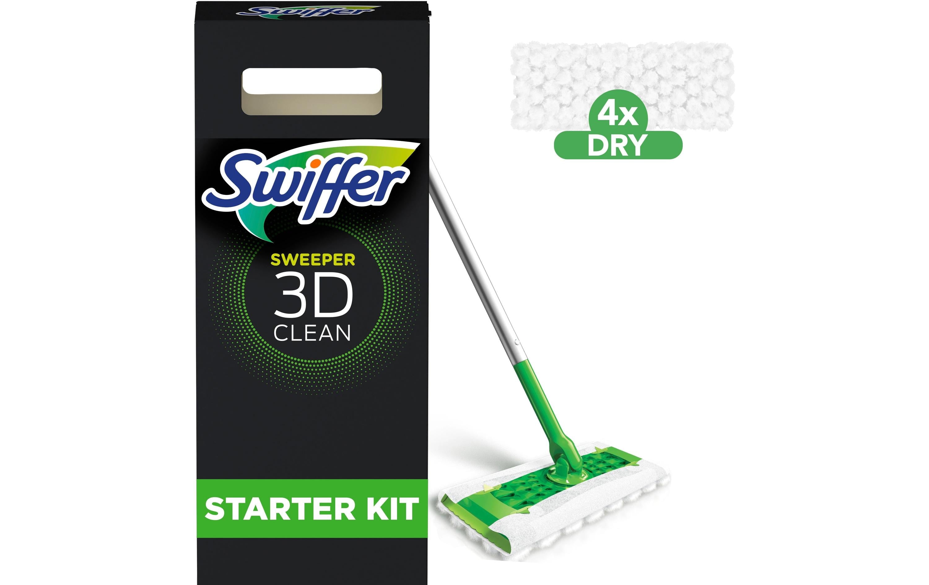 Swiffer Flachwischer Starterset 3D – Mikrofaser – Grün – Bodenstab, 4 Trockentücher, 2 Nasswischtücher