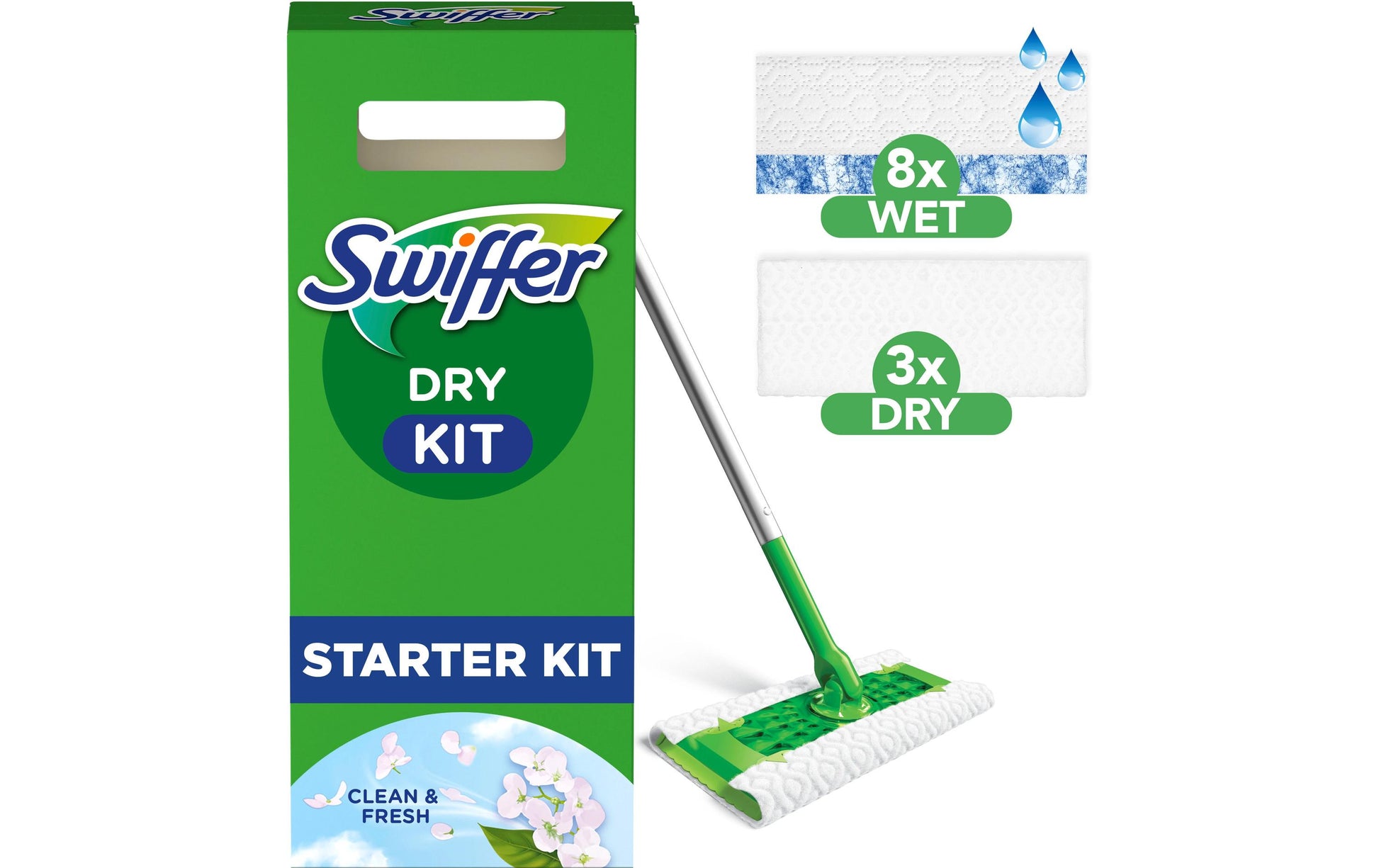 Swiffer Flachwischer Starterset – grün – Kunststoff, Bodenstab + 8 Trockentücher + 3 Feuchtwischtücher