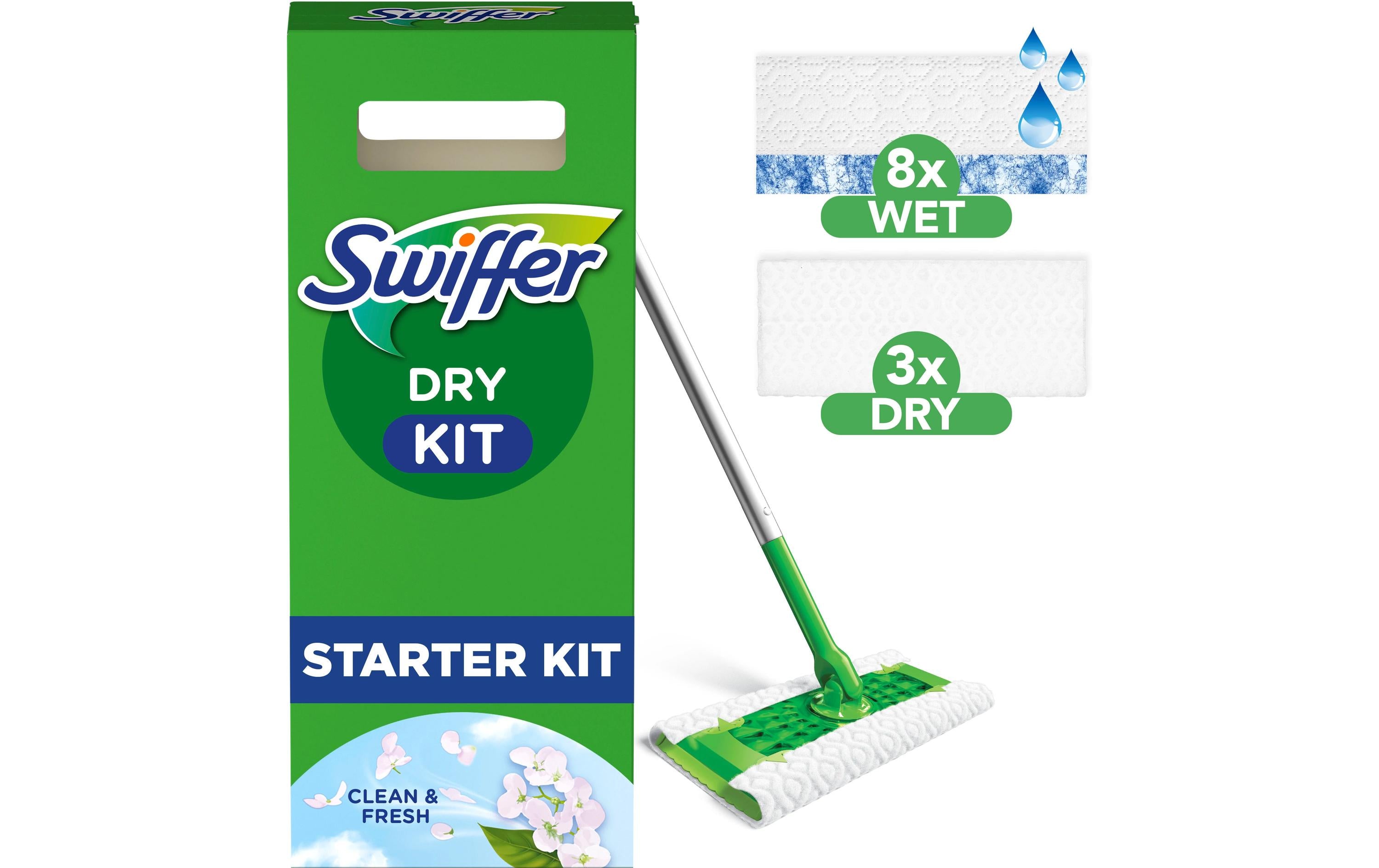 Swiffer Flachwischer Starterset – grün – Kunststoff, Bodenstab + 8 Trockentücher + 3 Feuchtwischtücher