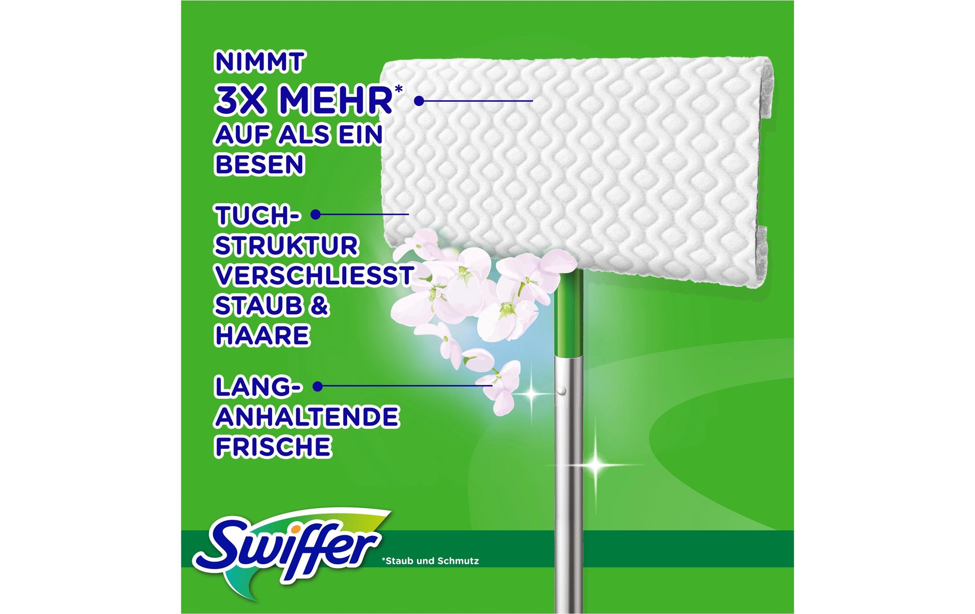 Swiffer Flachwischer Starterset – grün – Kunststoff, Bodenstab + 8 Trockentücher + 3 Feuchtwischtücher