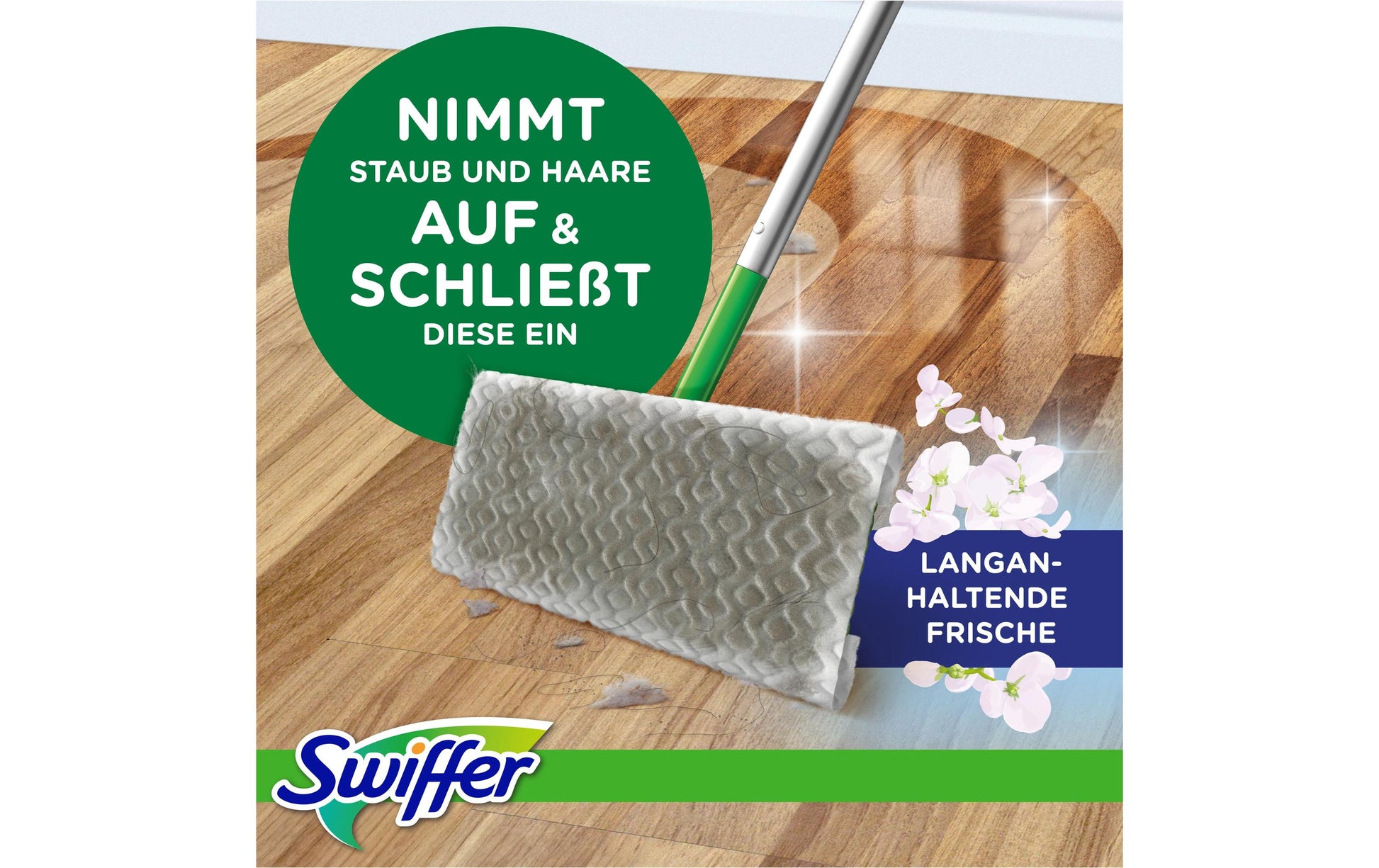 Swiffer Flachwischer Starterset – grün – Kunststoff, Bodenstab + 8 Trockentücher + 3 Feuchtwischtücher