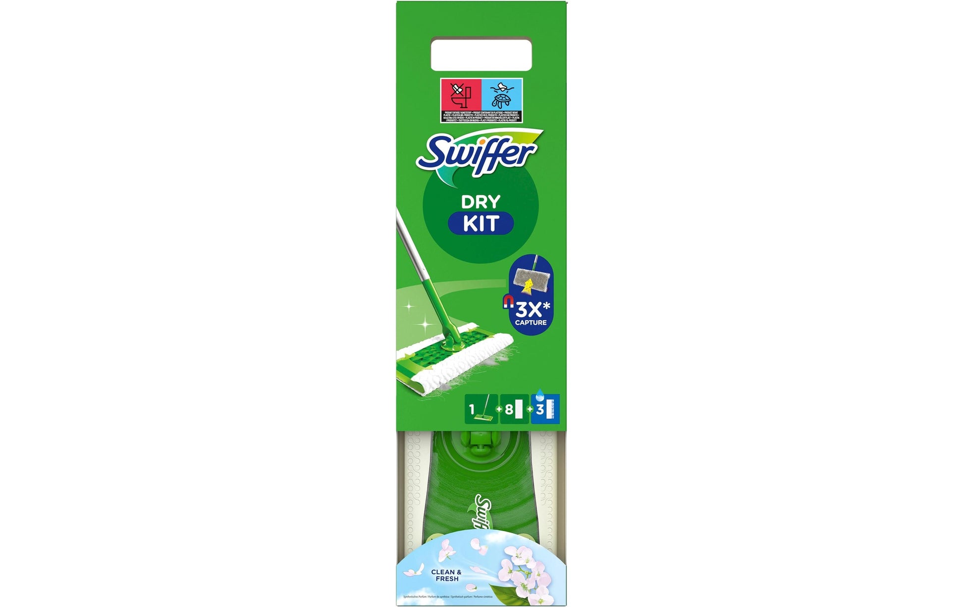 Swiffer Flachwischer Starterset – grün – Kunststoff, Bodenstab + 8 Trockentücher + 3 Feuchtwischtücher