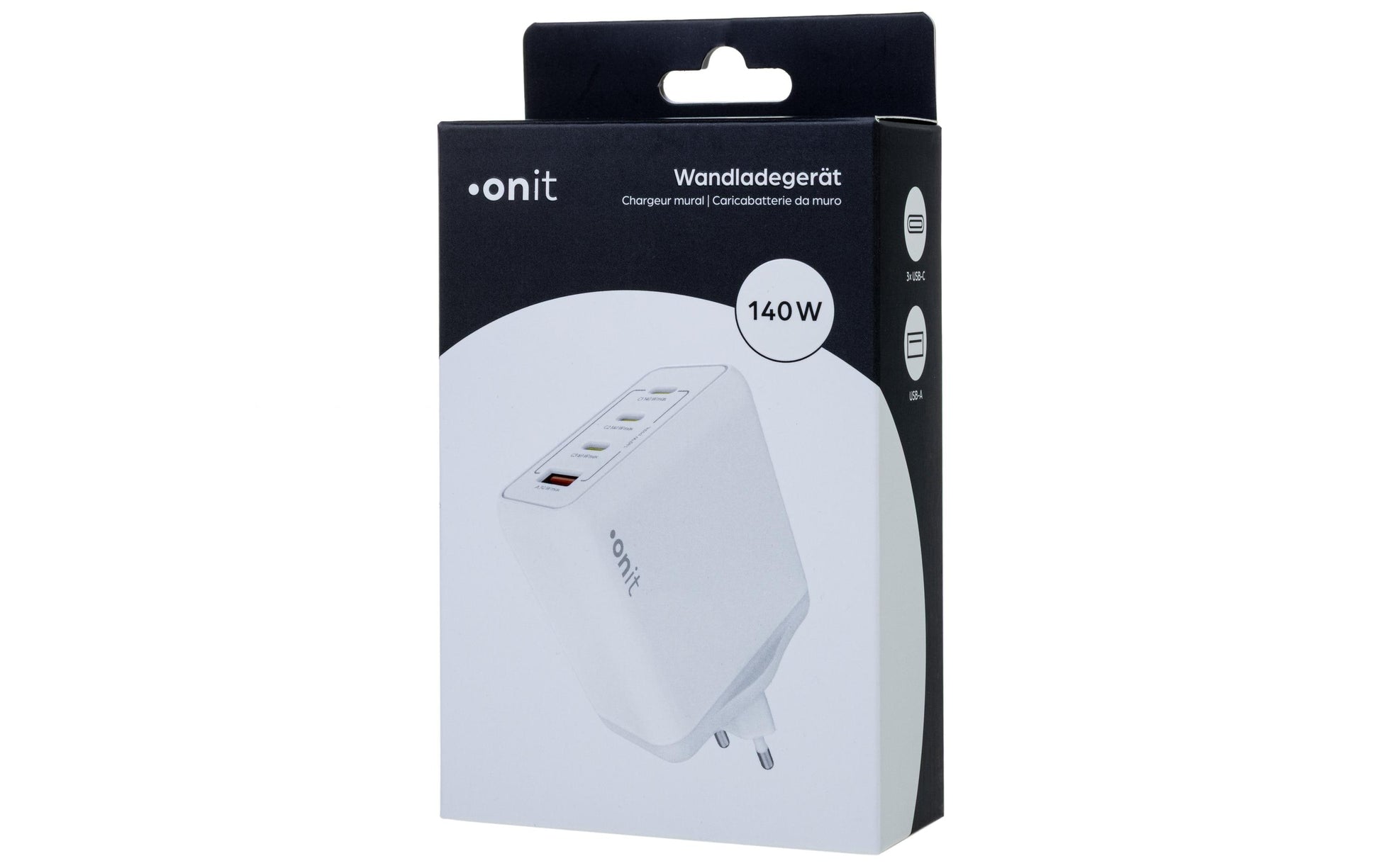 ONIT Netzteil (EU) – 140 W, 3× USB-C + 1× USB-A, PD, PPS, QC, GaN – für Smartphones, Tablets, Laptops