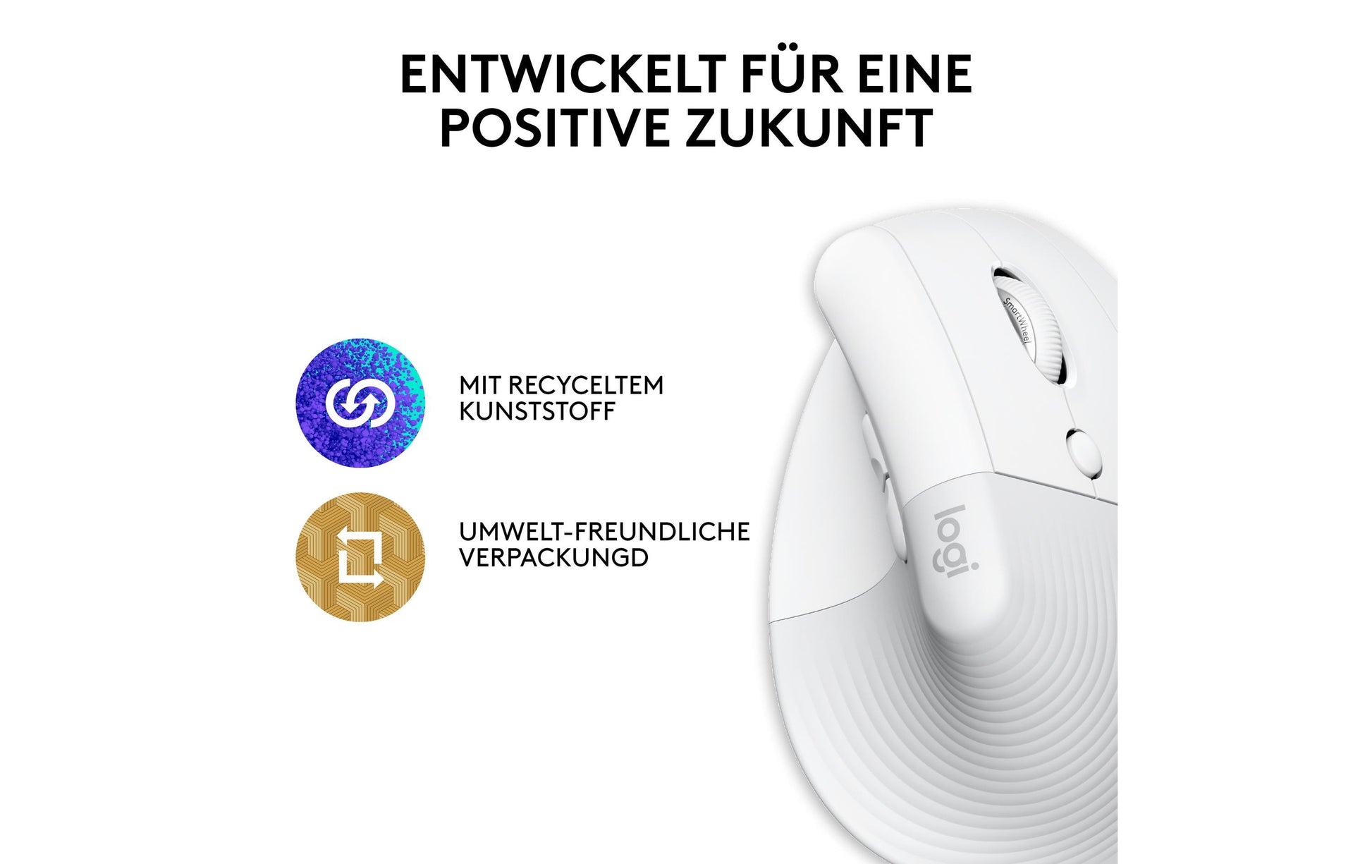 Logitech Lift für Mac Ergonomische Maus – kabellos, Easy-Switch, aus recyceltem Material, weiss