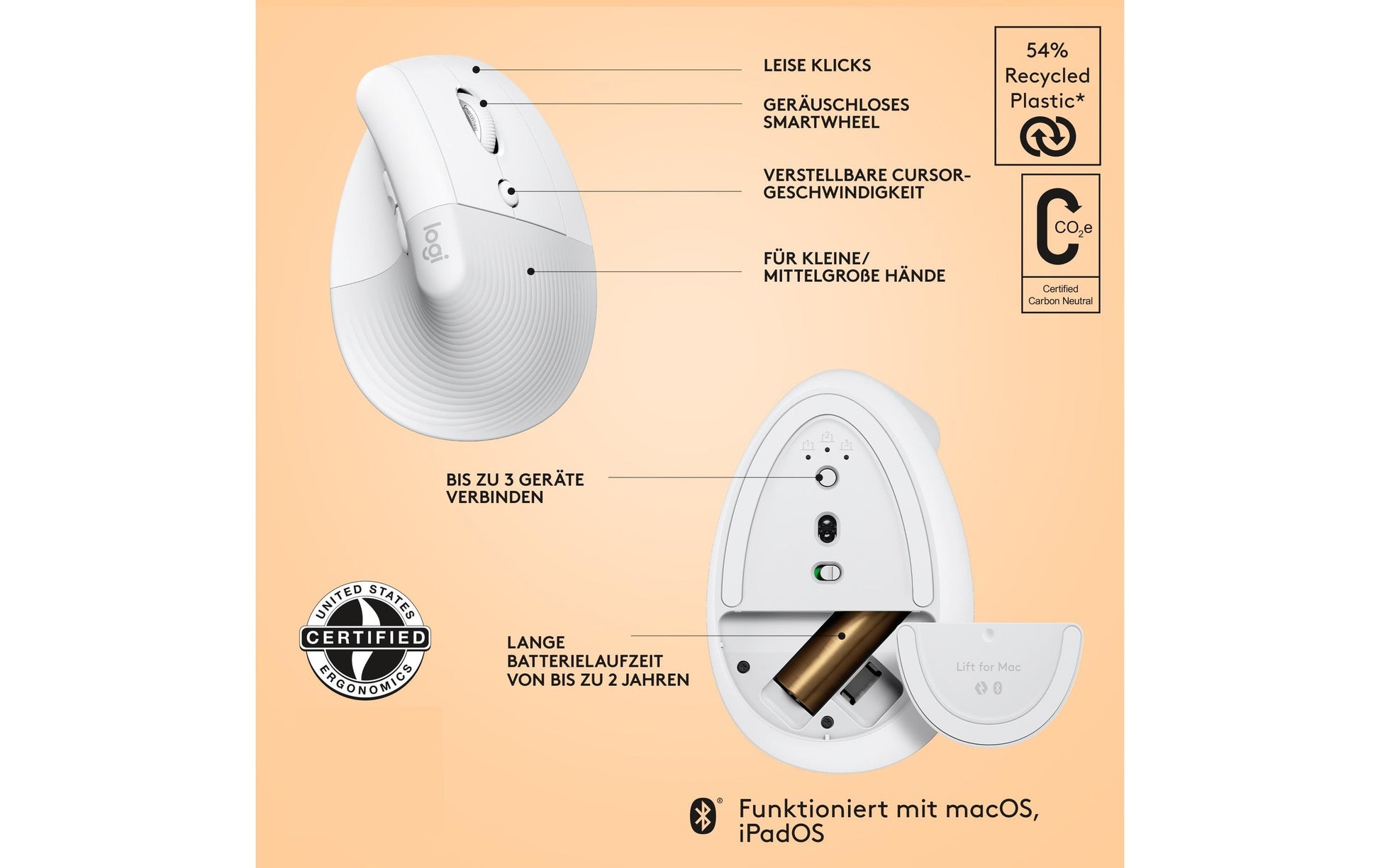 Logitech Lift für Mac Ergonomische Maus – kabellos, Easy-Switch, aus recyceltem Material, weiss