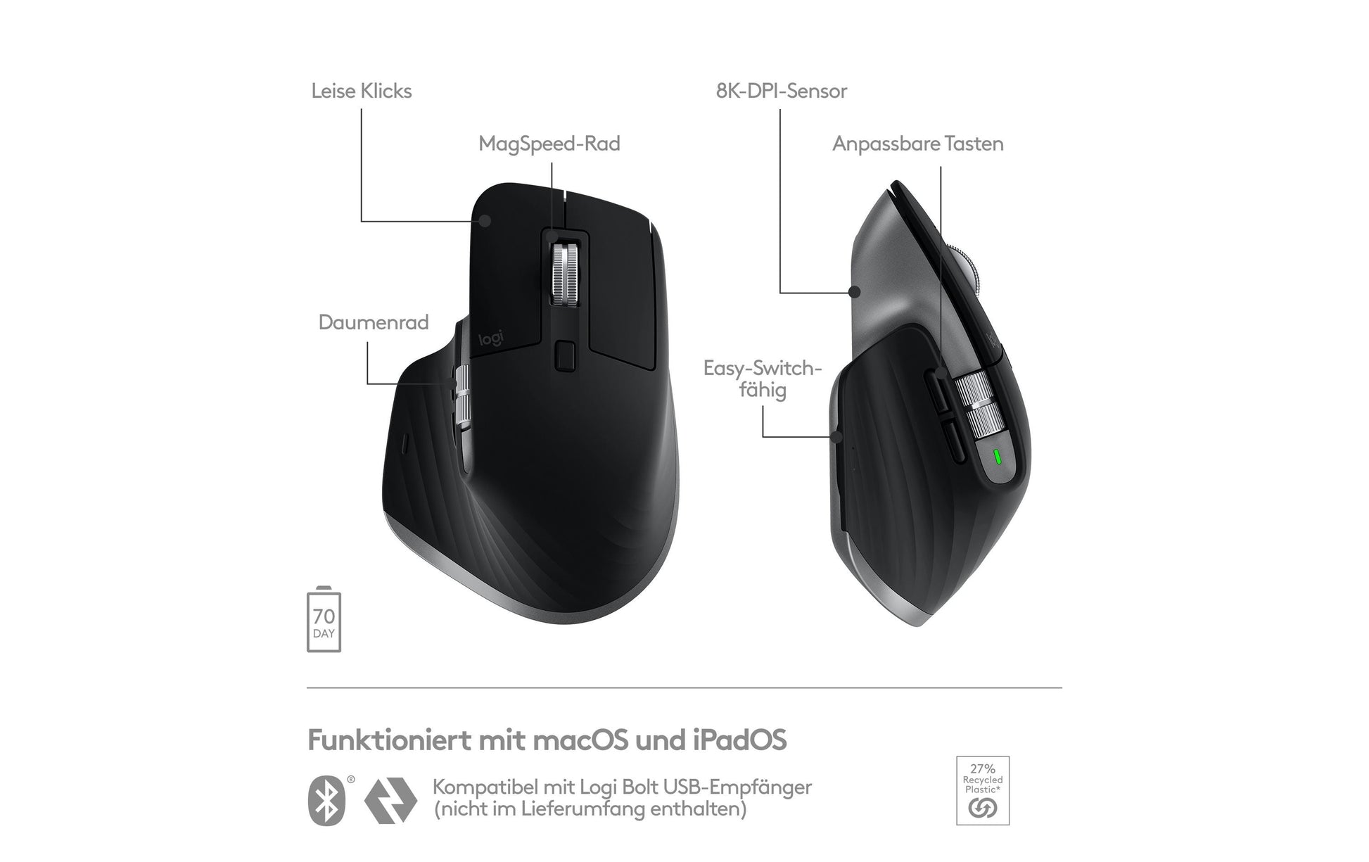 Logitech MX Master 3S für Mac Maus – kabellos, Space Grau