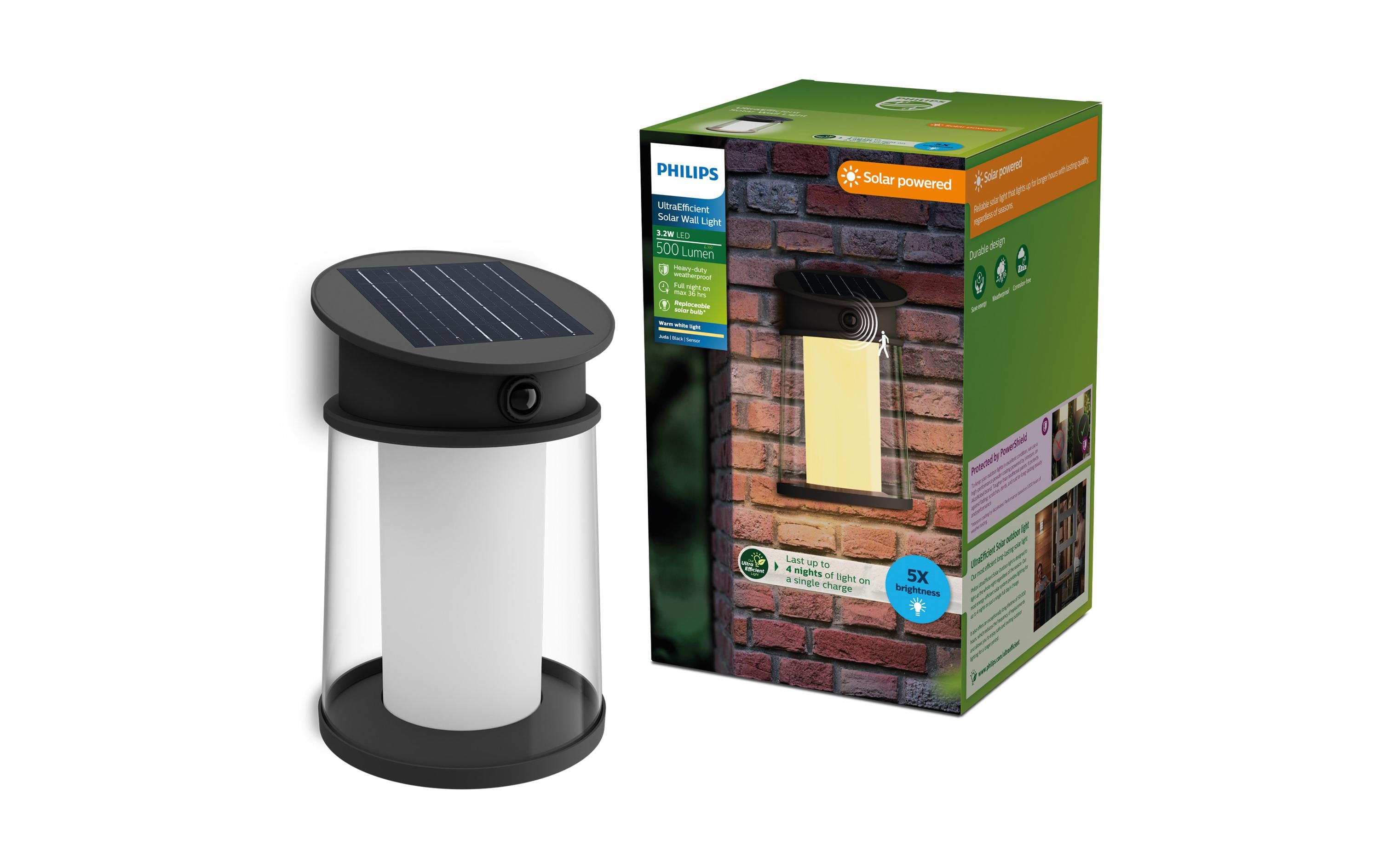 Philips Aussenwandleuchte – Warmweiss, 2700 K – IP44 – Solarbetrieb – mit Bewegungsmelder – Schwarz, Metall