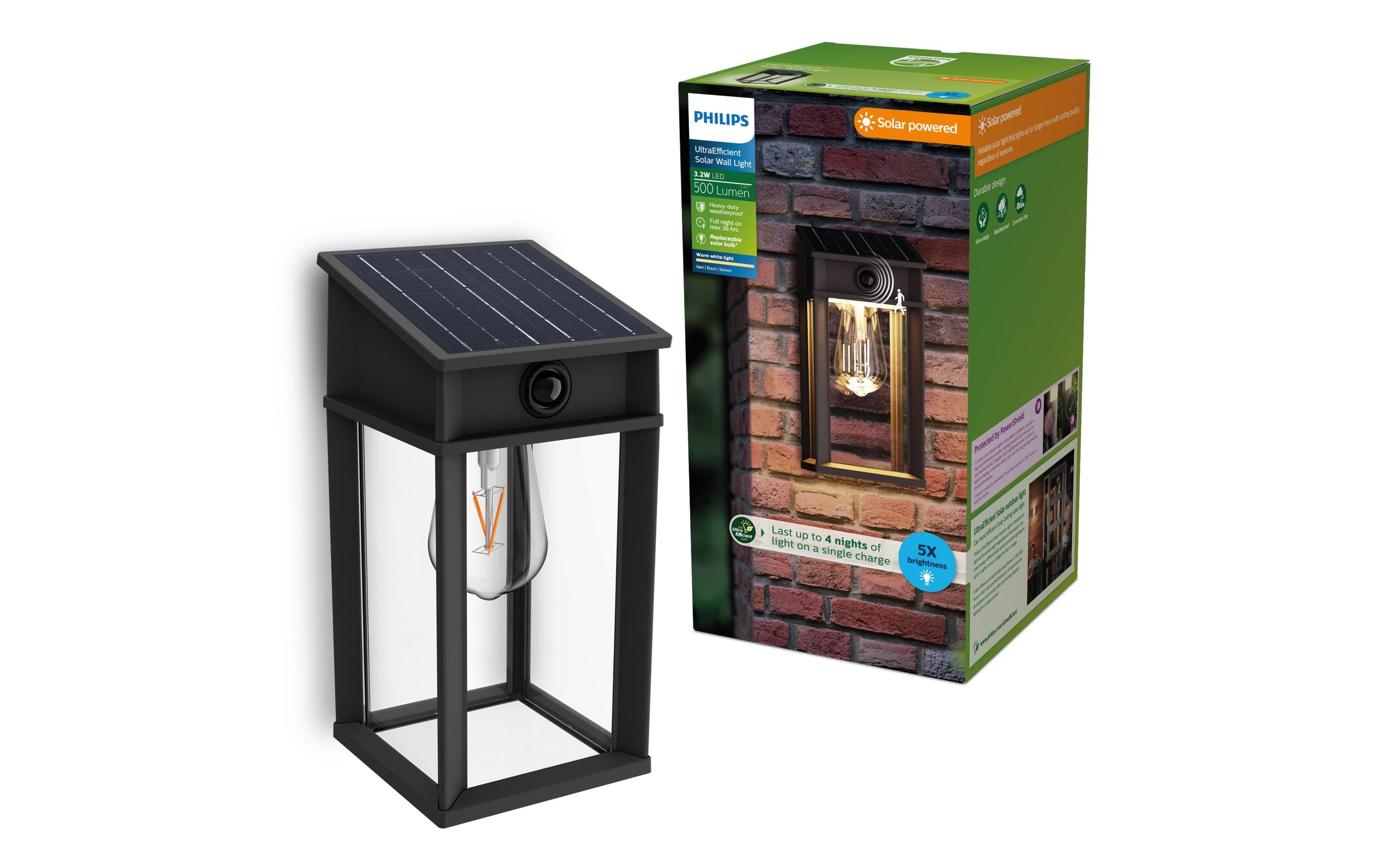 Philips Aussenwandleuchte – Warmweiss, 2700 K – IP44 – Solarbetrieb – mit Bewegungsmelder – Schwarz, Metall