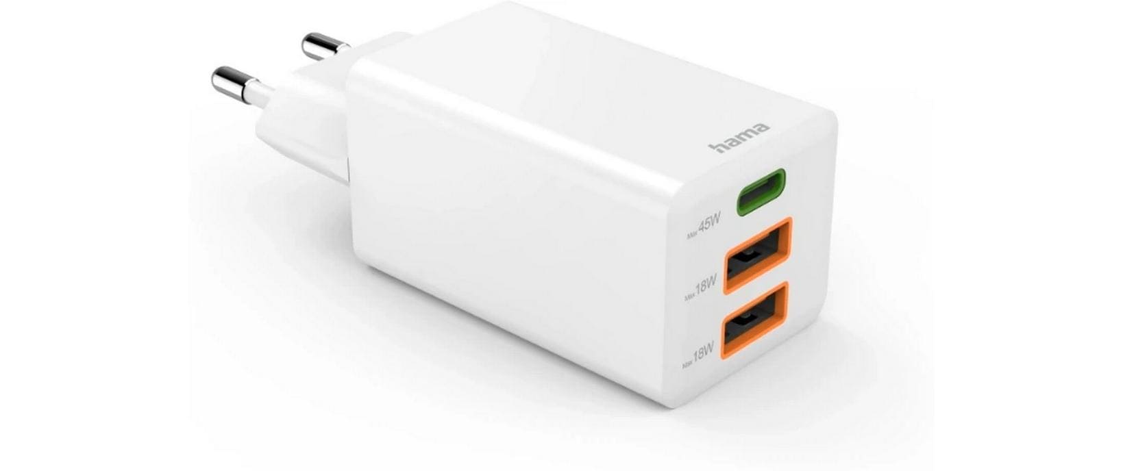 Hama 00201995 USB-Ladegerät 45 W – USB-C×1, USB-A×2 – PD 3.0, QC 3.0, GaN – Weiss