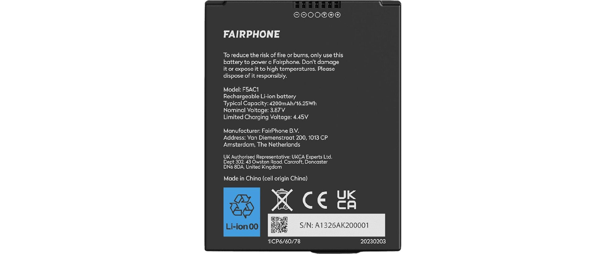 Fairphone Batterie V1 – Akku – für Fairphone 5 – 3,8 V, 4200 mAh – Schwarz