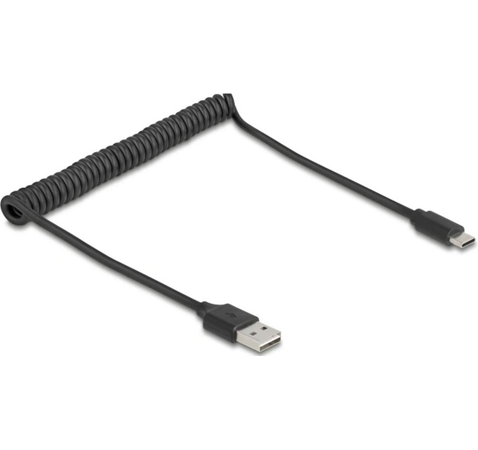 DeLOCK USB-A auf USB-C Kabel – USB 2.0 (480 Mbit/s) – 0,8 m – Spiralkabel – Schwarz