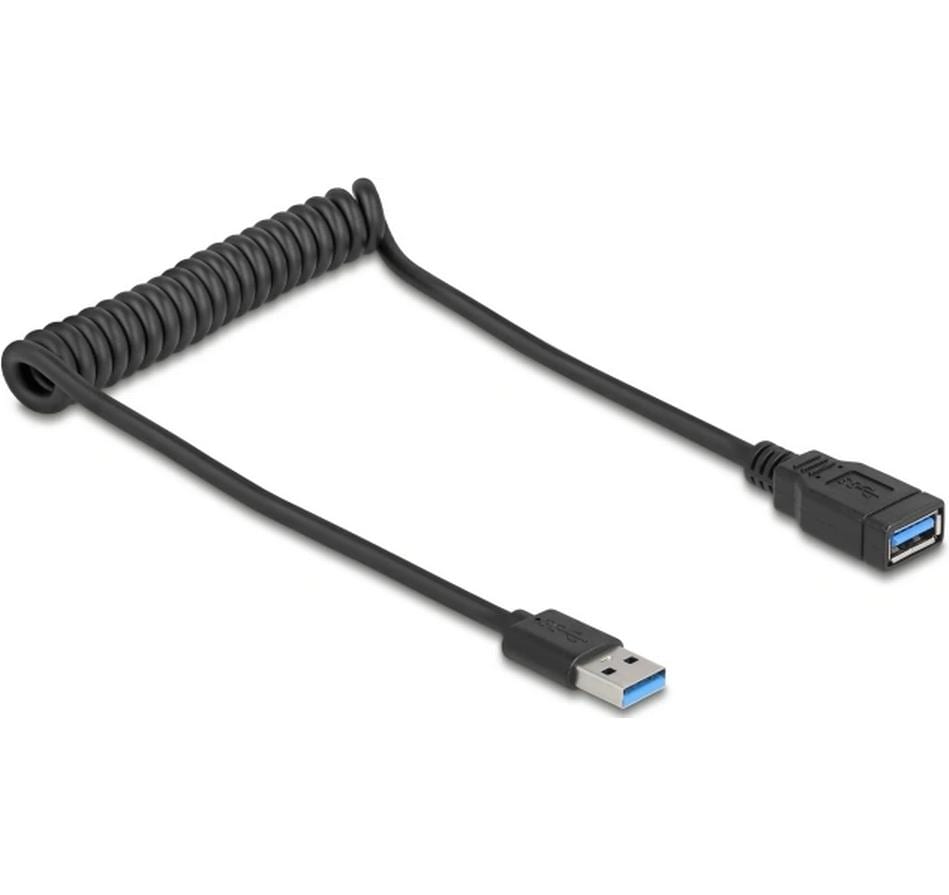 DeLOCK USB-A Verlängerungskabel (Stecker auf Buchse) – USB 3.2 Gen 1 – 0,6 m – Spiralkabel – Schwarz