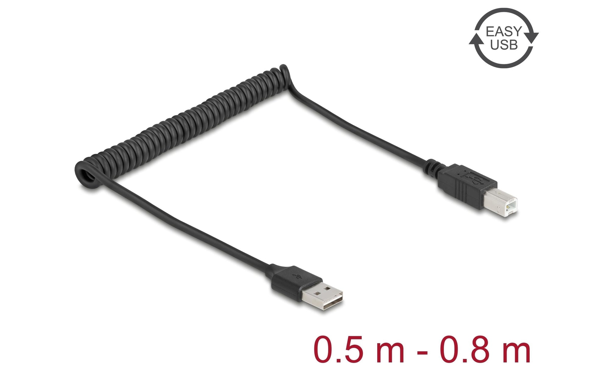 DeLOCK USB-A auf USB-A Kabel – USB 2.0 (480 Mbit/s) – 0,8 m – Spiralkabel – Schwarz