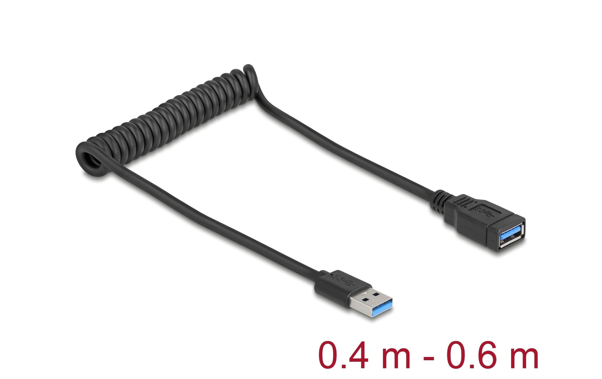 DeLOCK USB-A Verlängerungskabel (Stecker auf Buchse) – USB 3.2 Gen 1 – 0,6 m – Spiralkabel – Schwarz