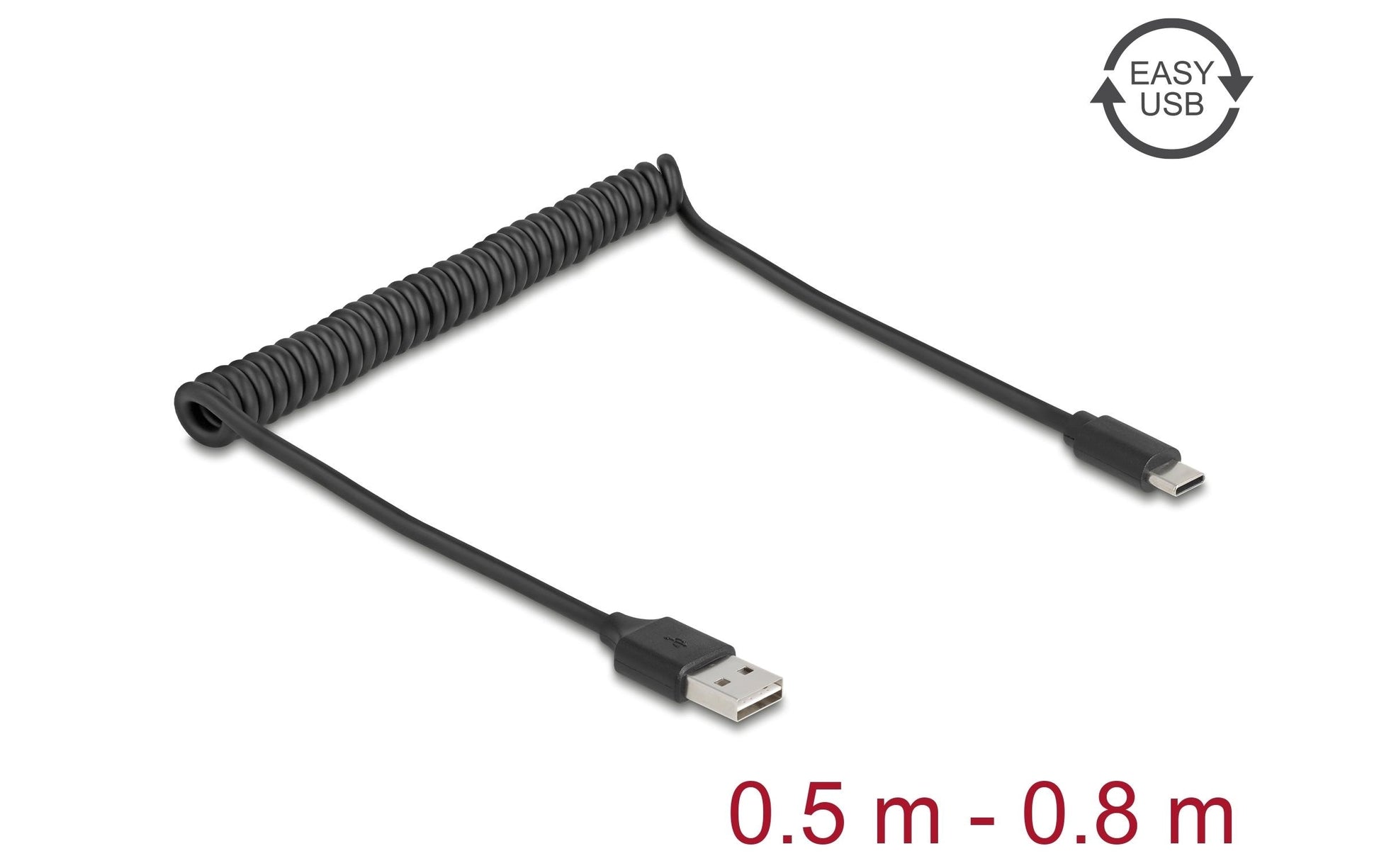 DeLOCK USB-A auf USB-C Kabel – USB 2.0 (480 Mbit/s) – 0,8 m – Spiralkabel – Schwarz