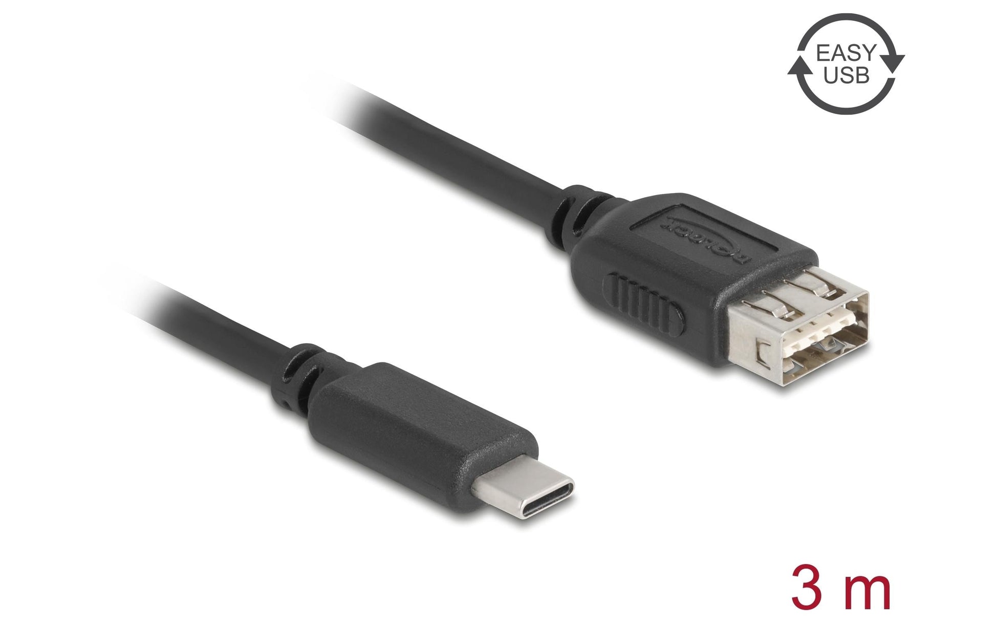 DeLOCK USB-C auf USB-A Kabel – USB 2.0 (480 Mbit/s) – 3 m – Goldstecker – Schwarz