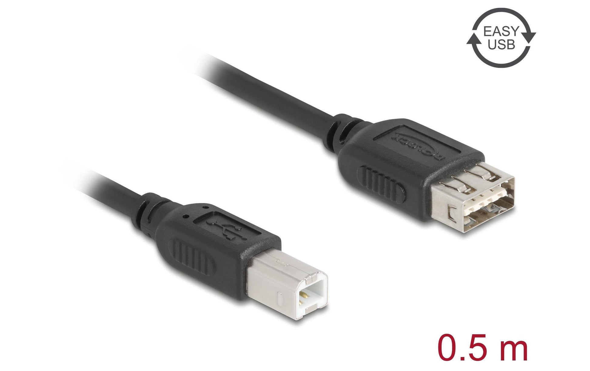 DeLOCK USB-A auf USB-B Kabel – USB 2.0 (480 Mbit/s) – 0,5 m – Goldstecker, beidseitig einsteckbar – Schwarz