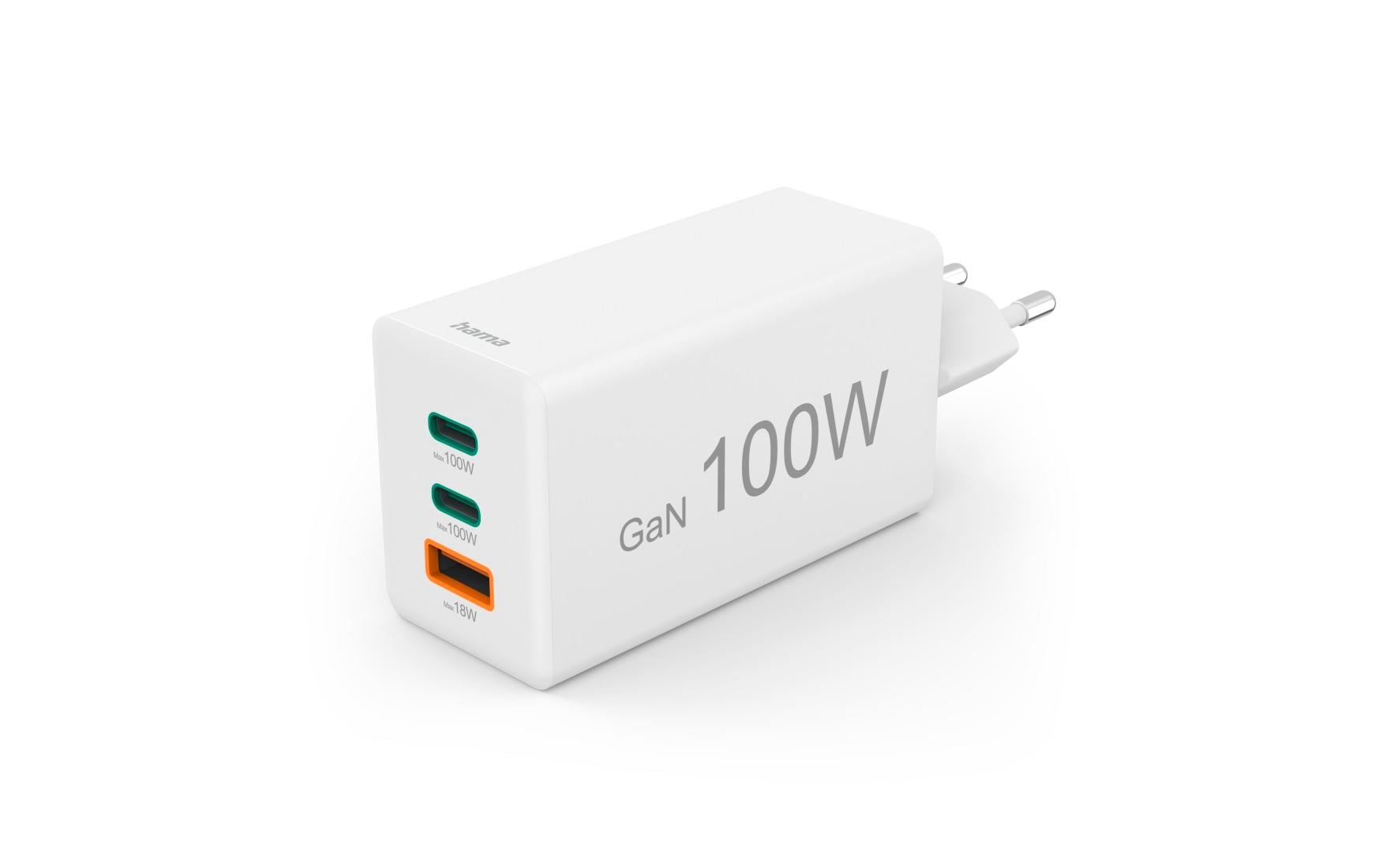 Hama Netzteil – 100 W, 2× USB-C + 1× USB-A, PD, QC 2.0/3.0, GaN – für Laptops, Smartphones, Tablets