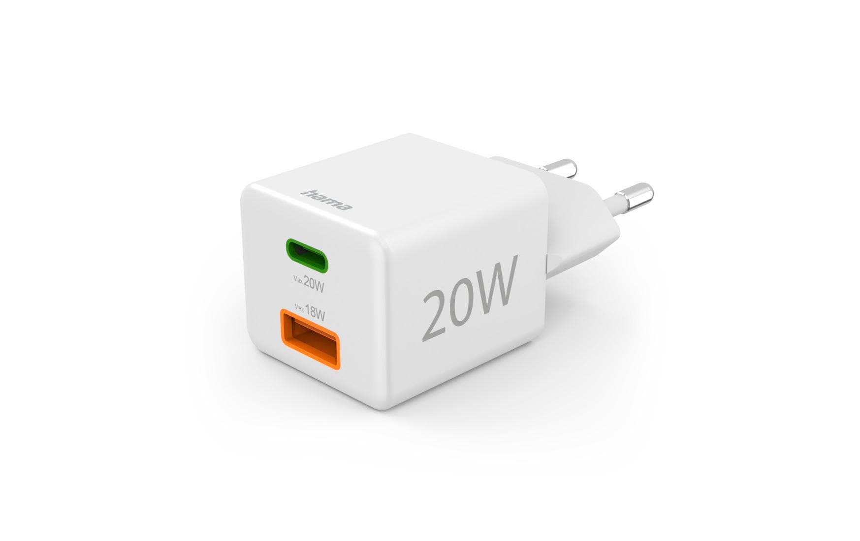 Hama 00201991 USB-Ladegerät 20 W – USB-C×1, USB-A×1 – PD, QC 3.0 – für Kopfhörer, Powerbank u. a. – Weiss