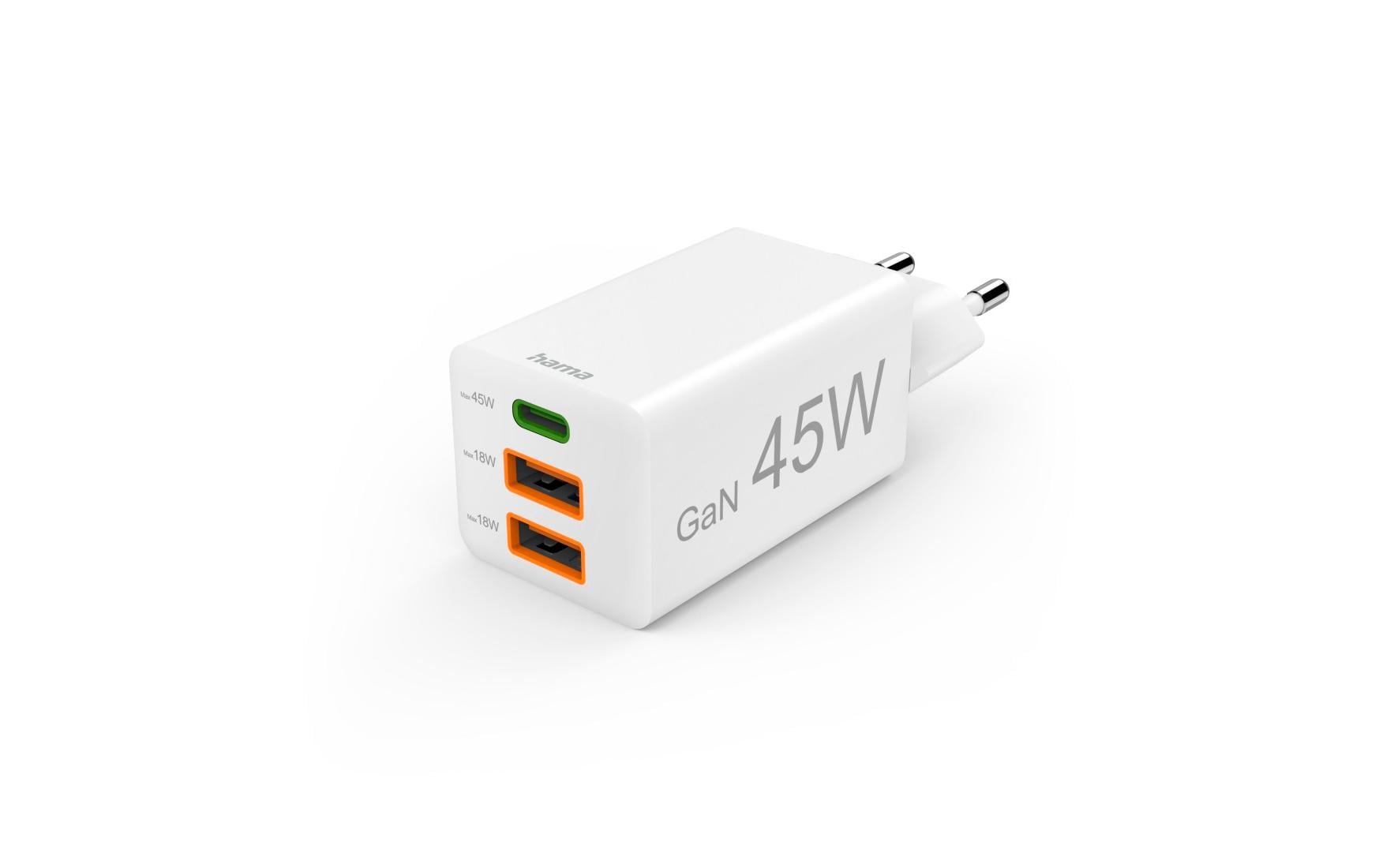 Hama 00201995 USB-Ladegerät 45 W – USB-C×1, USB-A×2 – PD 3.0, QC 3.0, GaN – Weiss