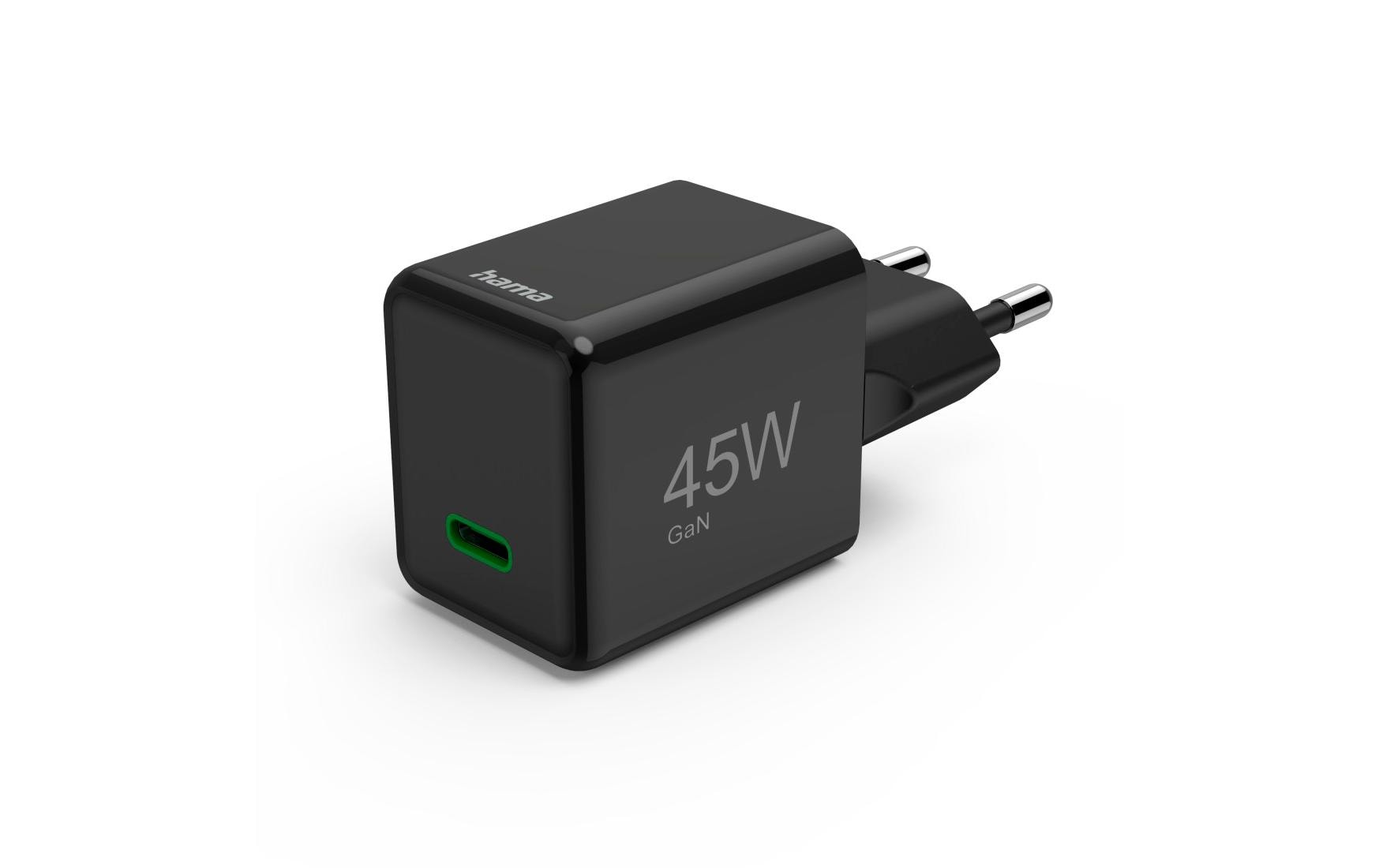 Hama 00201987 USB-Wandladegerät 45 W – USB-C×1 – PD 3.0, QC 3.0, GaN – EU-Stecker (Typ C), Schwarz