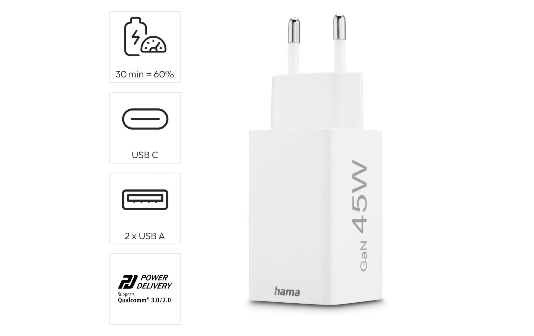 Hama 00201995 USB-Ladegerät 45 W – USB-C×1, USB-A×2 – PD 3.0, QC 3.0, GaN – Weiss