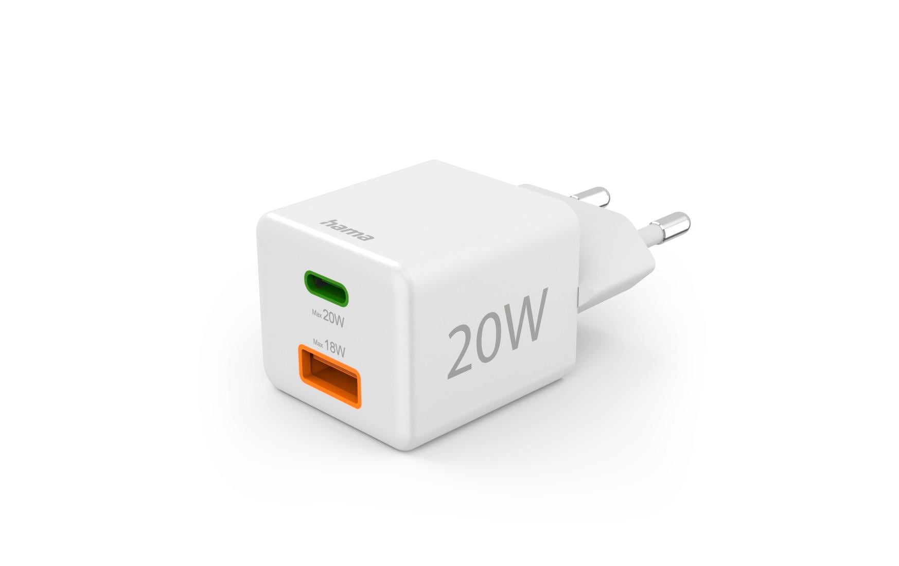 Hama 00201991 USB-Ladegerät 20 W – USB-C×1, USB-A×1 – PD, QC 3.0 – für Kopfhörer, Powerbank u. a. – Weiss