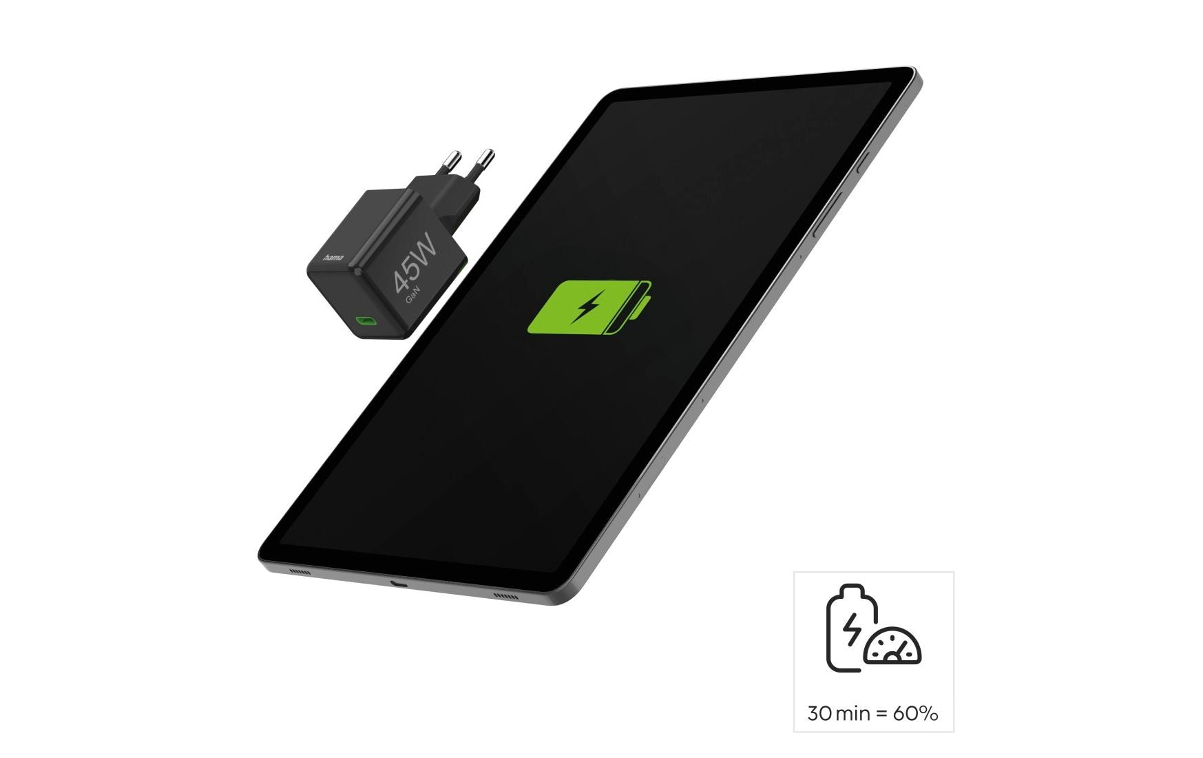 Hama 00201987 USB-Wandladegerät 45 W – USB-C×1 – PD 3.0, QC 3.0, GaN – EU-Stecker (Typ C), Schwarz