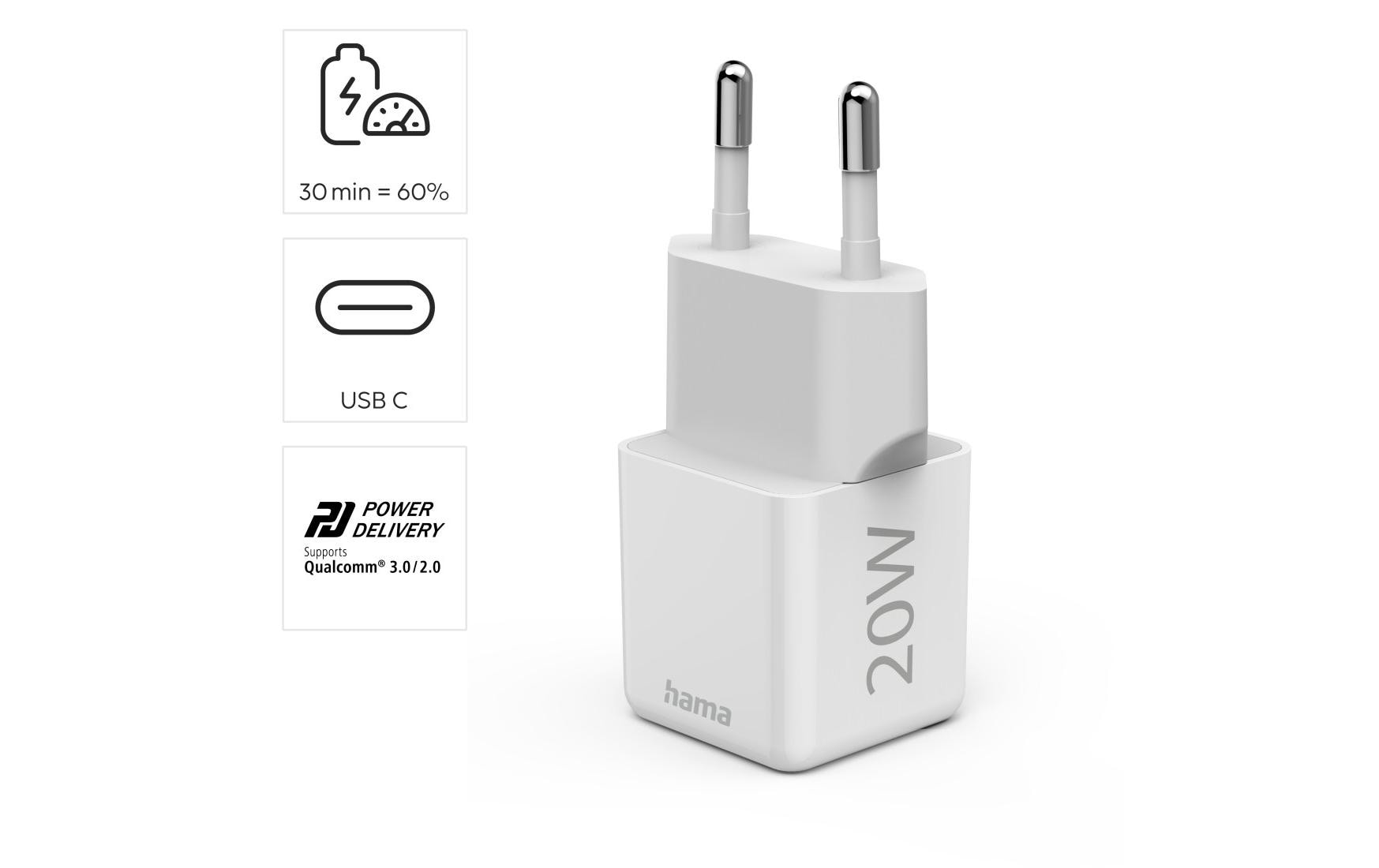 Hama 00201980 USB-Ladegerät 20 W – USB-C×1, PD 3.0, QC 3.0 – für Smartphone – Weiss