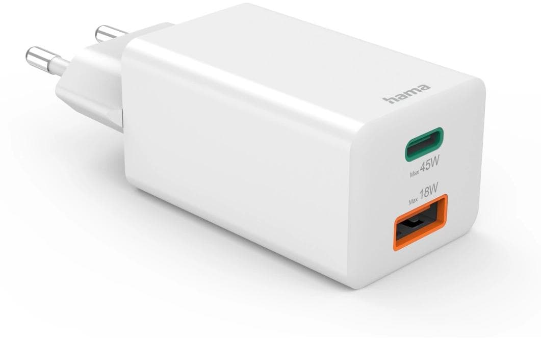 Hama 00201993 USB-Ladegerät 45 W – USB-C×1, USB-A×1 – PD, QC 3.0 – GaN, EU-Stecker (Typ C), Weiss